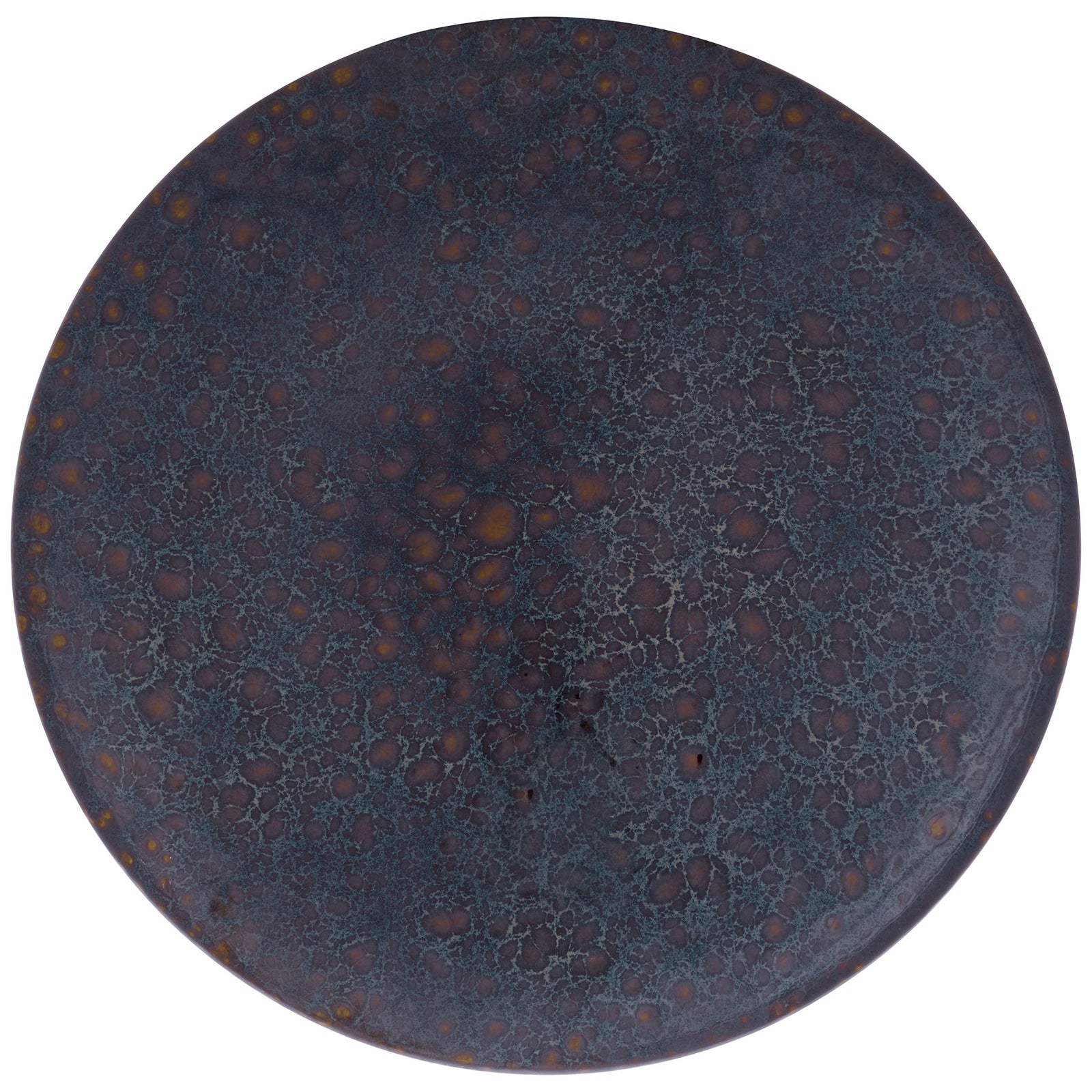 Round ceramic tabletop showcases a rich blue glaze flecked with rust-colored speckles. || ACS4609B || top_studio