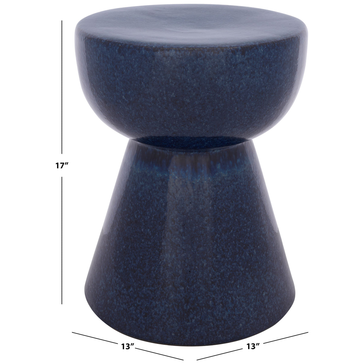 This blue ceramic garden stool measures 13 inches wide and 17 inches tall.