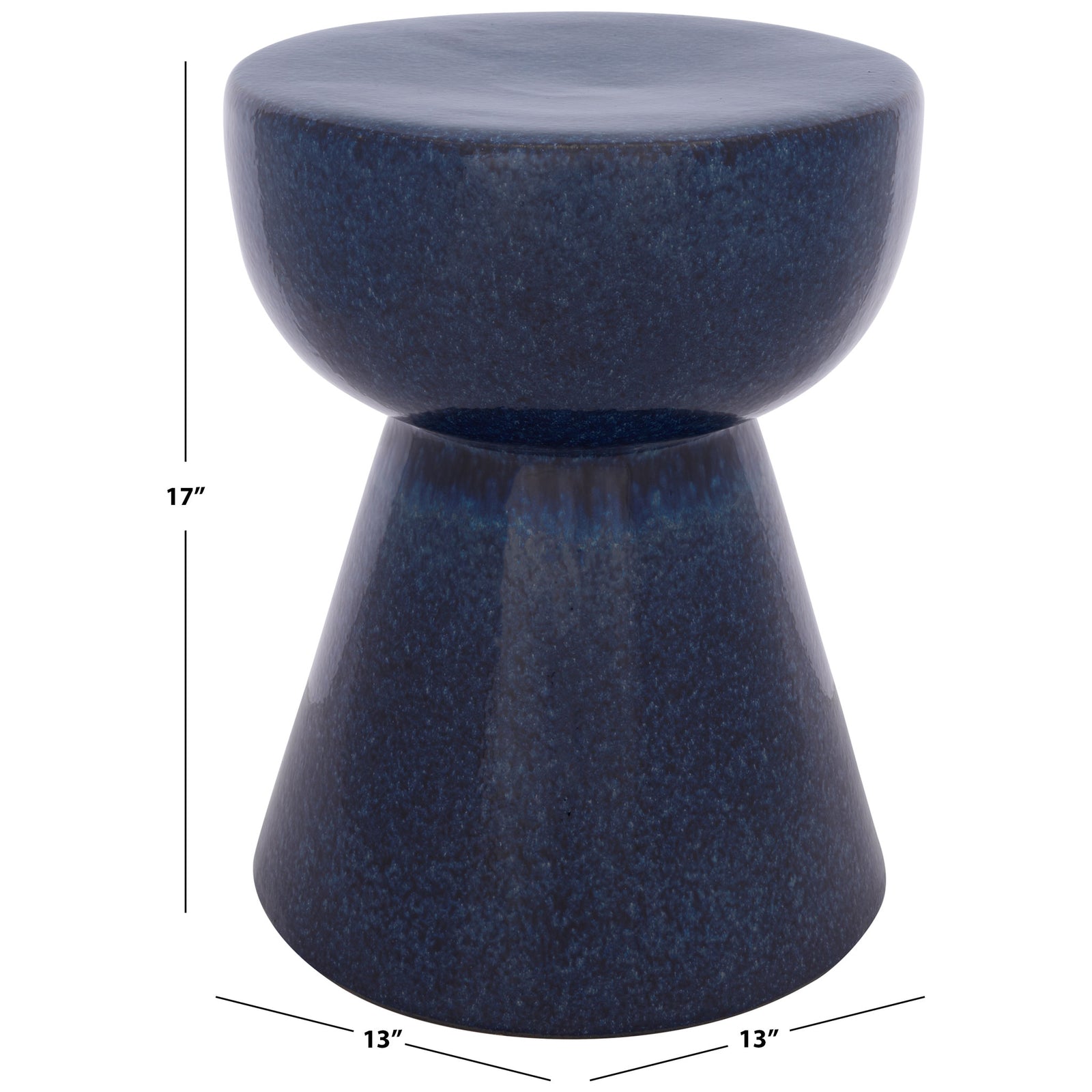 This blue ceramic garden stool measures 13 inches wide and 17 inches tall. || ACS4611B || dimension_studio