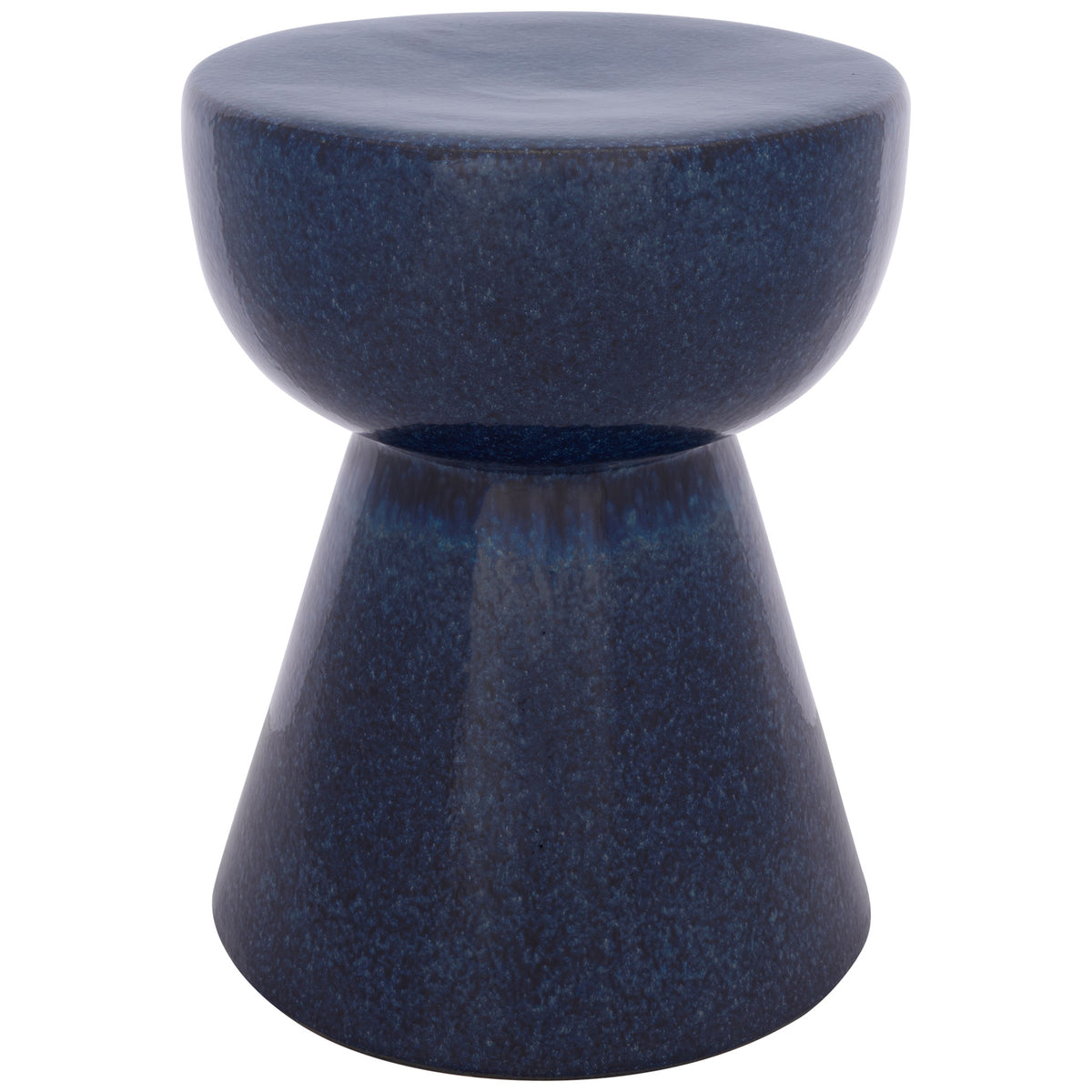 Blue ceramic garden stool pairs a rounded seat with a flared, tapered pedestal. || ACS4611B || front_studio