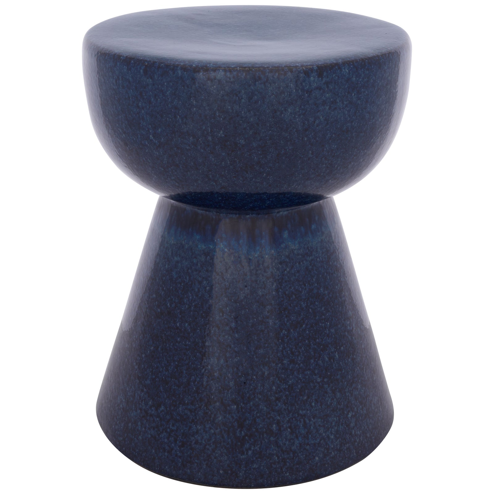 Blue ceramic garden stool pairs a rounded seat with a flared, tapered pedestal. || ACS4611B || front_studio