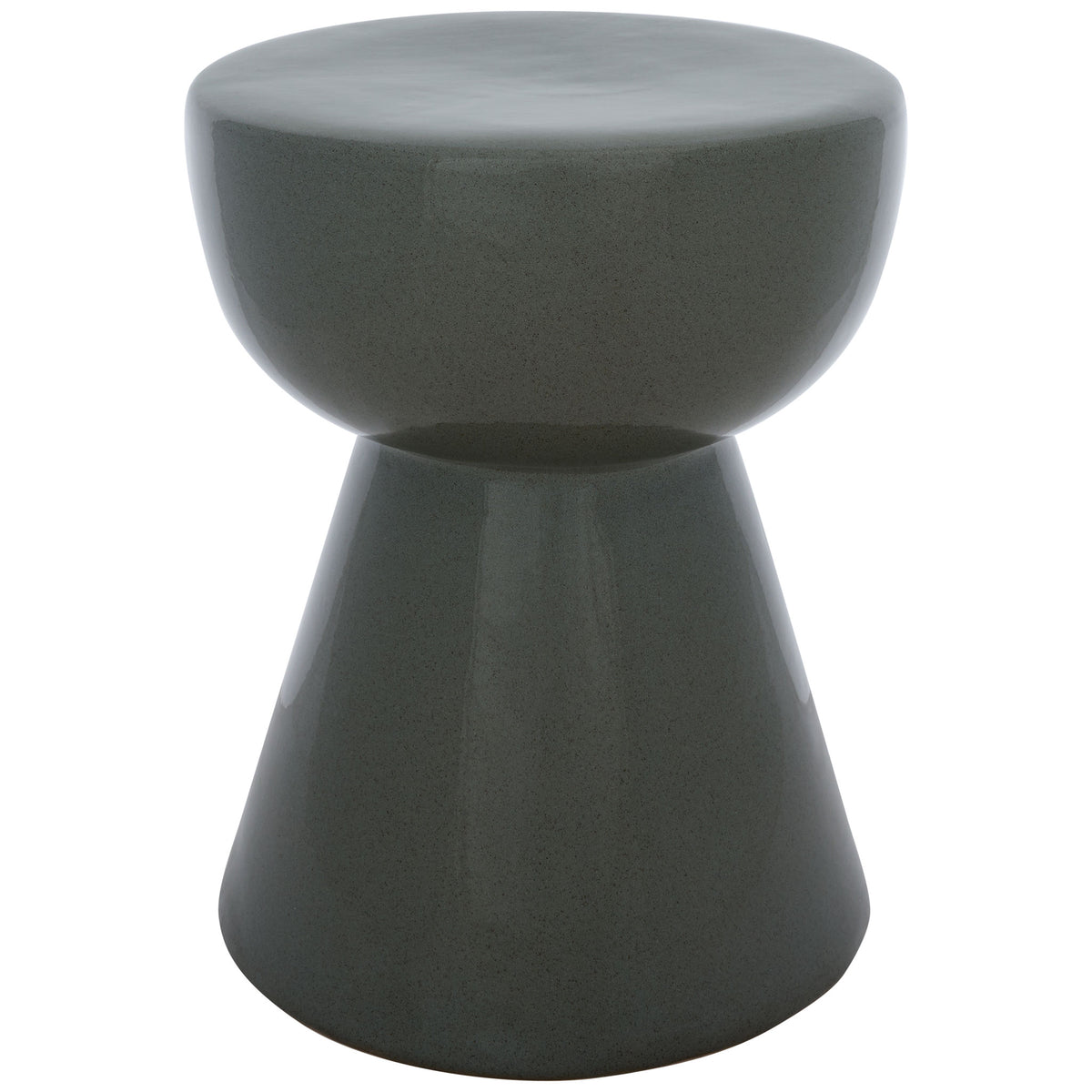 A muted green ceramic garden stool balances a rounded seat on a tapered pedestal. || ACS4611C || front_studio