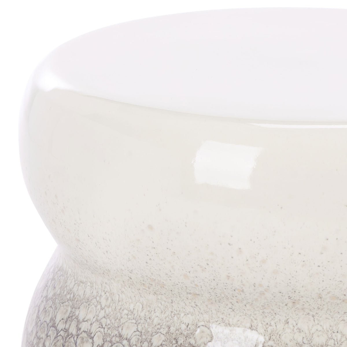 Glossy ivory-white glaze fades into delicate gray crackling along the stool's rounded form. || ACS4612A || detail_studio