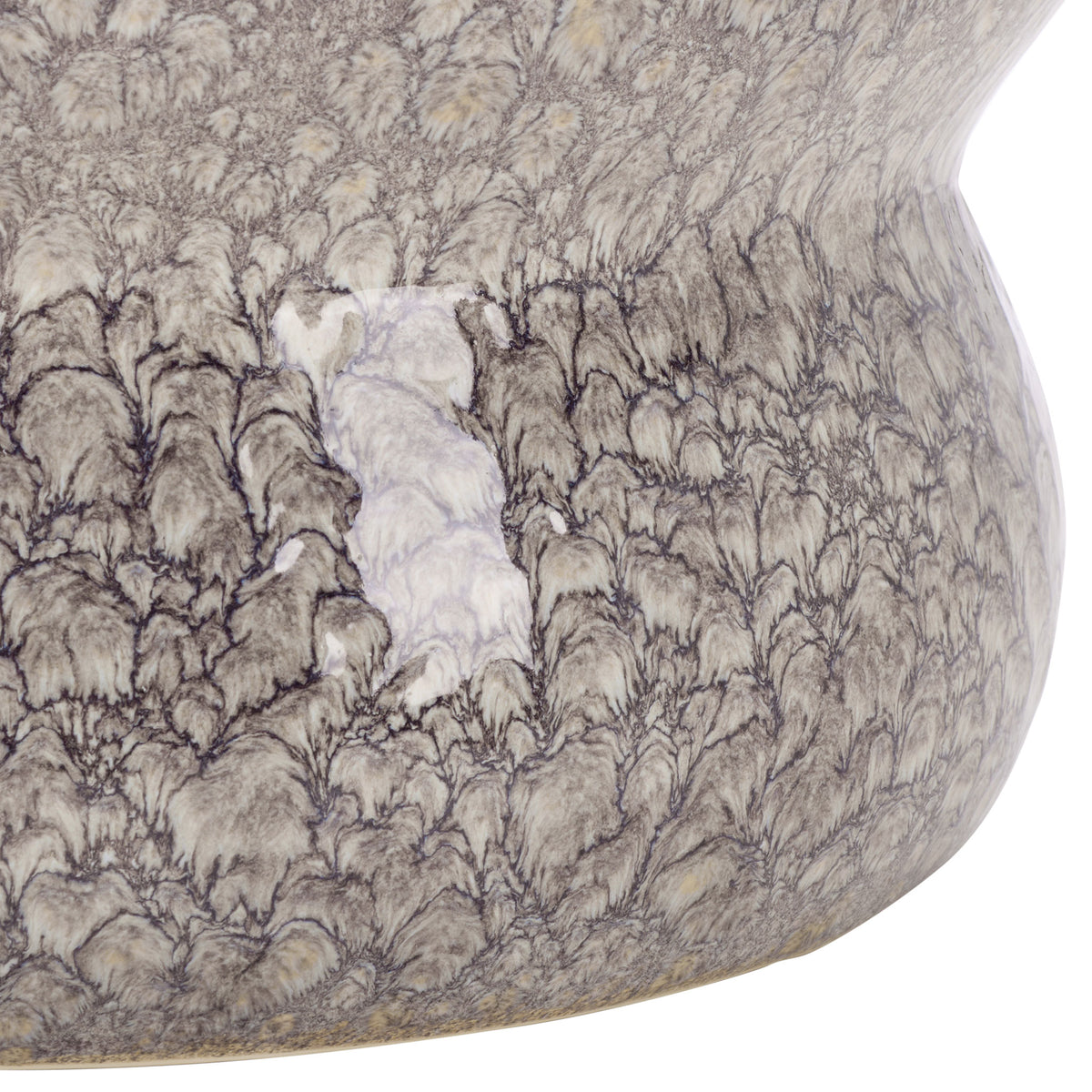 A gently curved base displays the stool's intricate gray-on-white crackle glaze. || ACS4612A || leg_studio