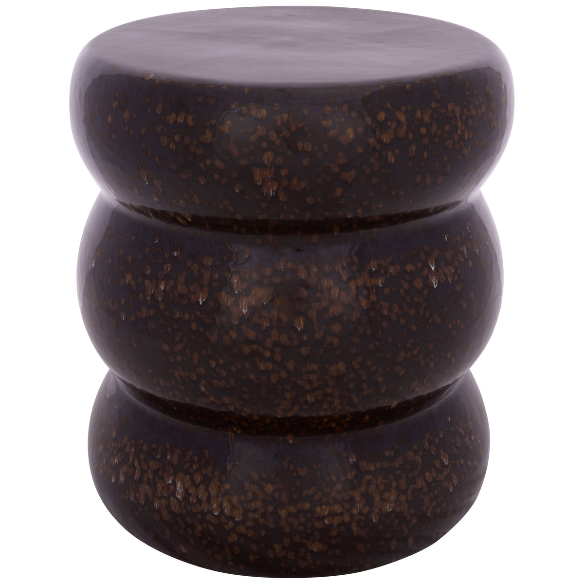 Glossy dark brown ceramic with coppery flecks shapes a sculptural, three-tier garden stool. || ACS4612B || front_studio