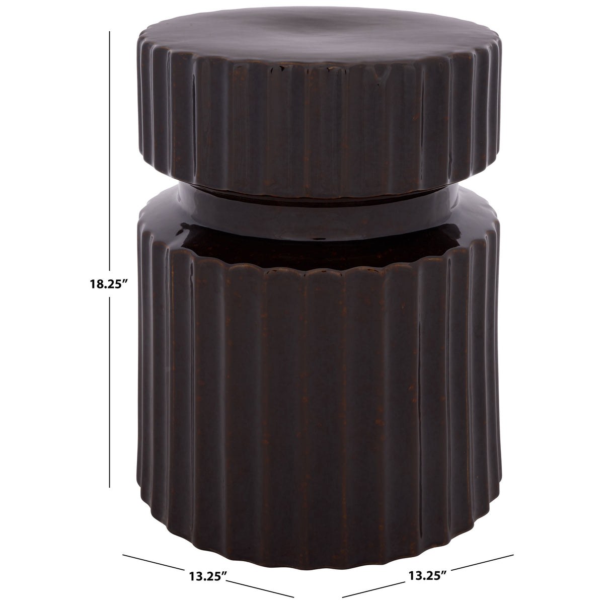 A fluted brown ceramic garden stool stands 18.25 inches tall with a 13.25-inch diameter. || ACS4613A || dimension_studio