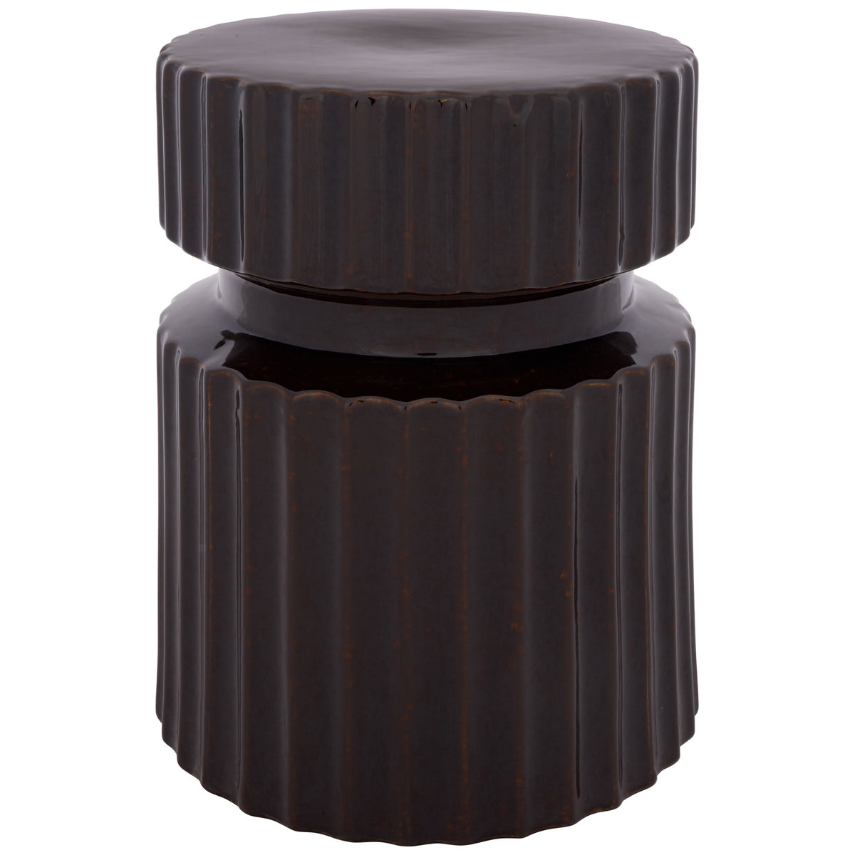 A rich brown ceramic garden stool pairs vertical fluting with a sculpted, recessed waist. || ACS4613A || front_studio