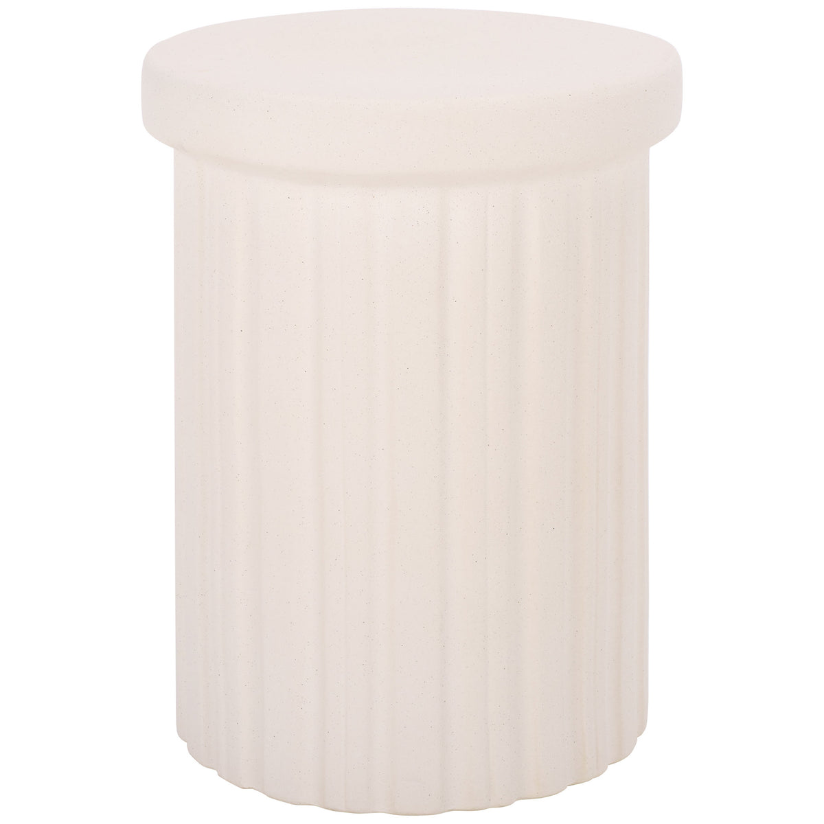 A light cream ceramic garden stool pairs a smooth, rounded seat with an elegant fluted base. || ACS4614A || front_studio