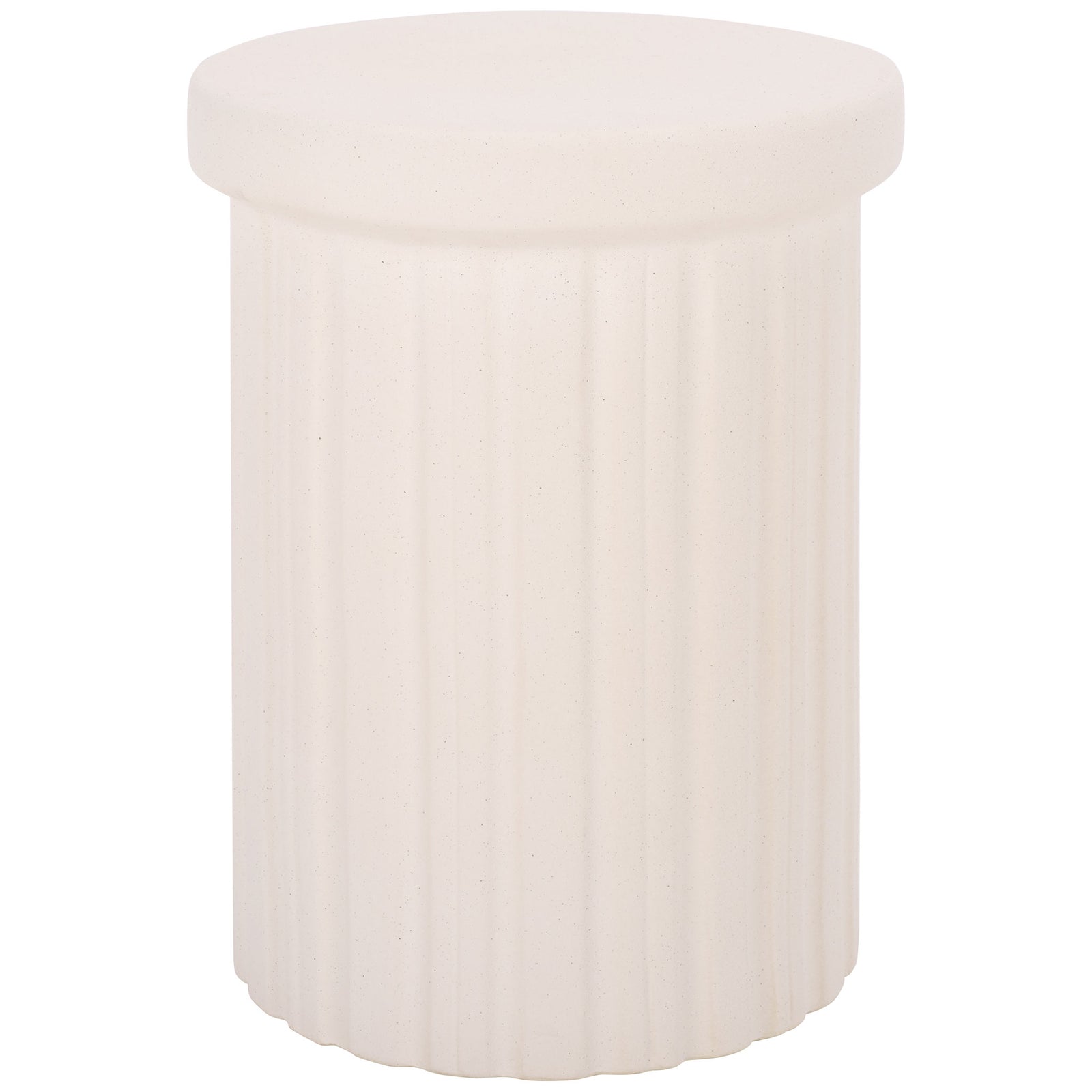 A light cream ceramic garden stool pairs a smooth, rounded seat with an elegant fluted base. || ACS4614A || front_studio