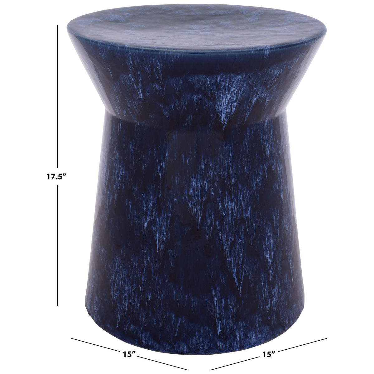Blue ceramic garden stool measures 17.5 inches tall and 15 inches wide, with a broad seat and flared base || ACS4615A || dimension_studio