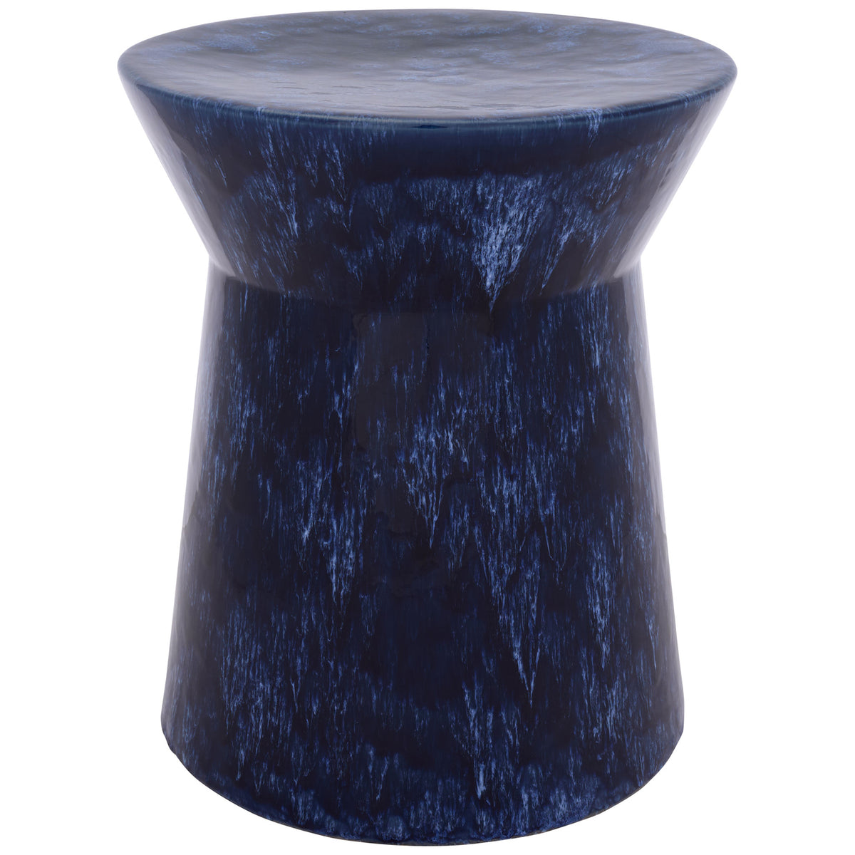 Glossy blue ceramic garden stool features a wide round top, cinched waist, and gently flared base || ACS4615A || front_studio