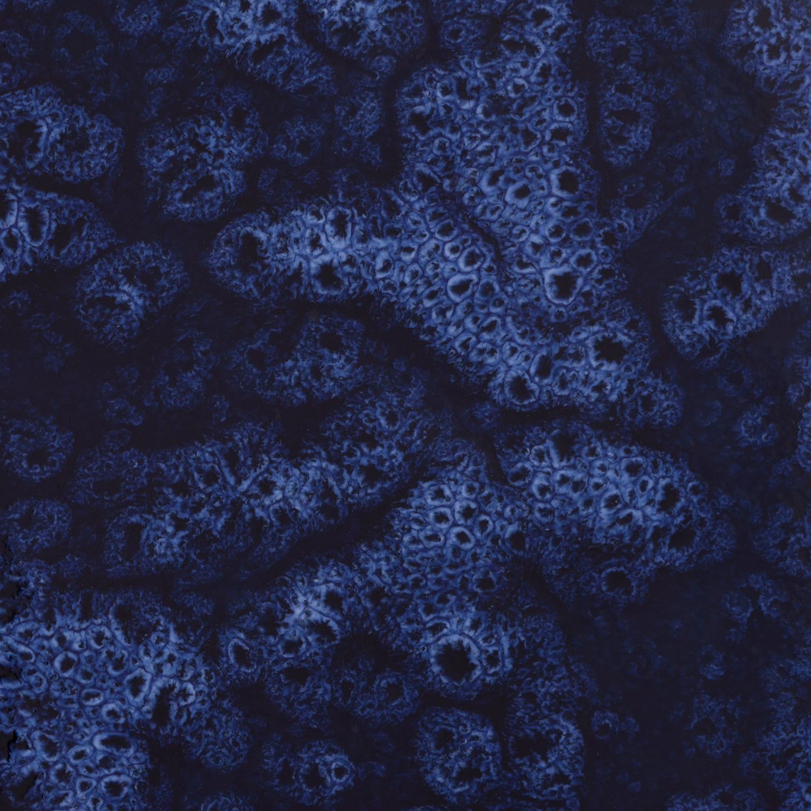 Deep blue ceramic glaze has mottled, organic patterns with lighter blue highlights || ACS4615A || swatch_studio