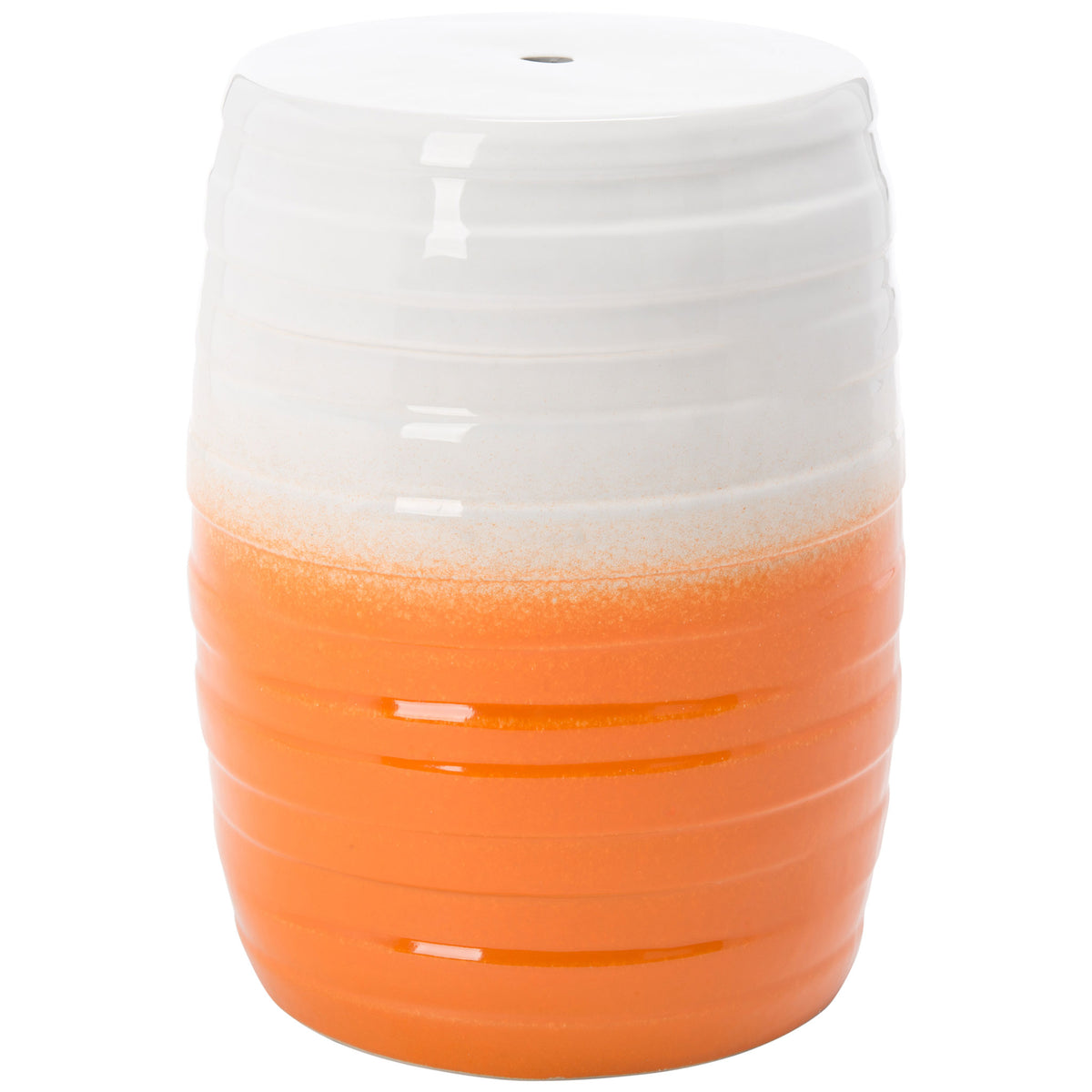 A ribbed ceramic garden stool fades from glossy white to vibrant orange. || ACS5201C || front_studio