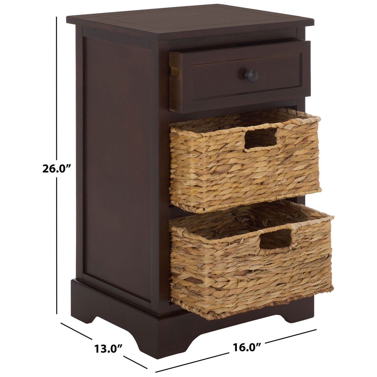 The brown side table measures 16 inches wide, 13 inches deep, and 26 inches high. || AMH5700H || dimension_studio