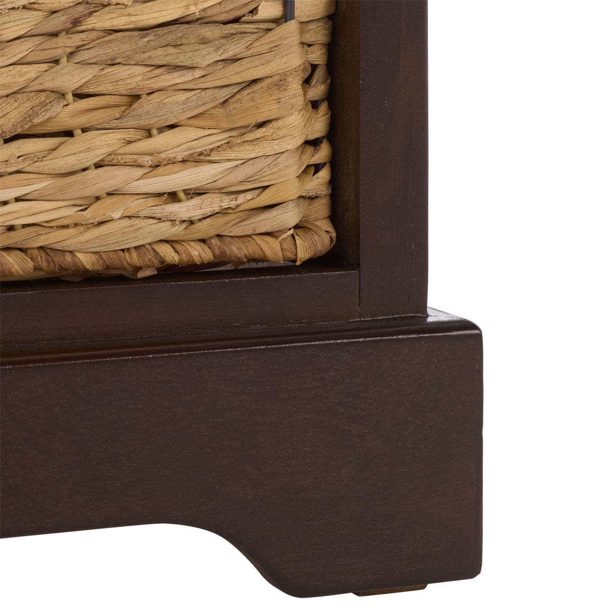 A softly curved brown base frames the woven basket storage above a sturdy foot. || AMH5700H || leg_studio
