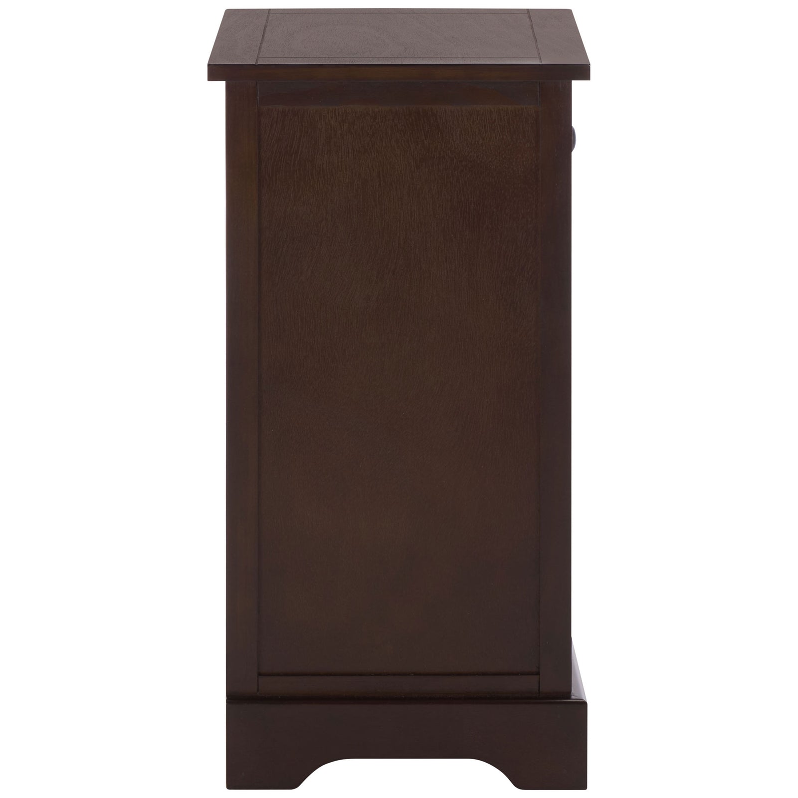 Rich dark brown paneling and a curved base lend the compact side table a classic look. || AMH5700H || side_studio