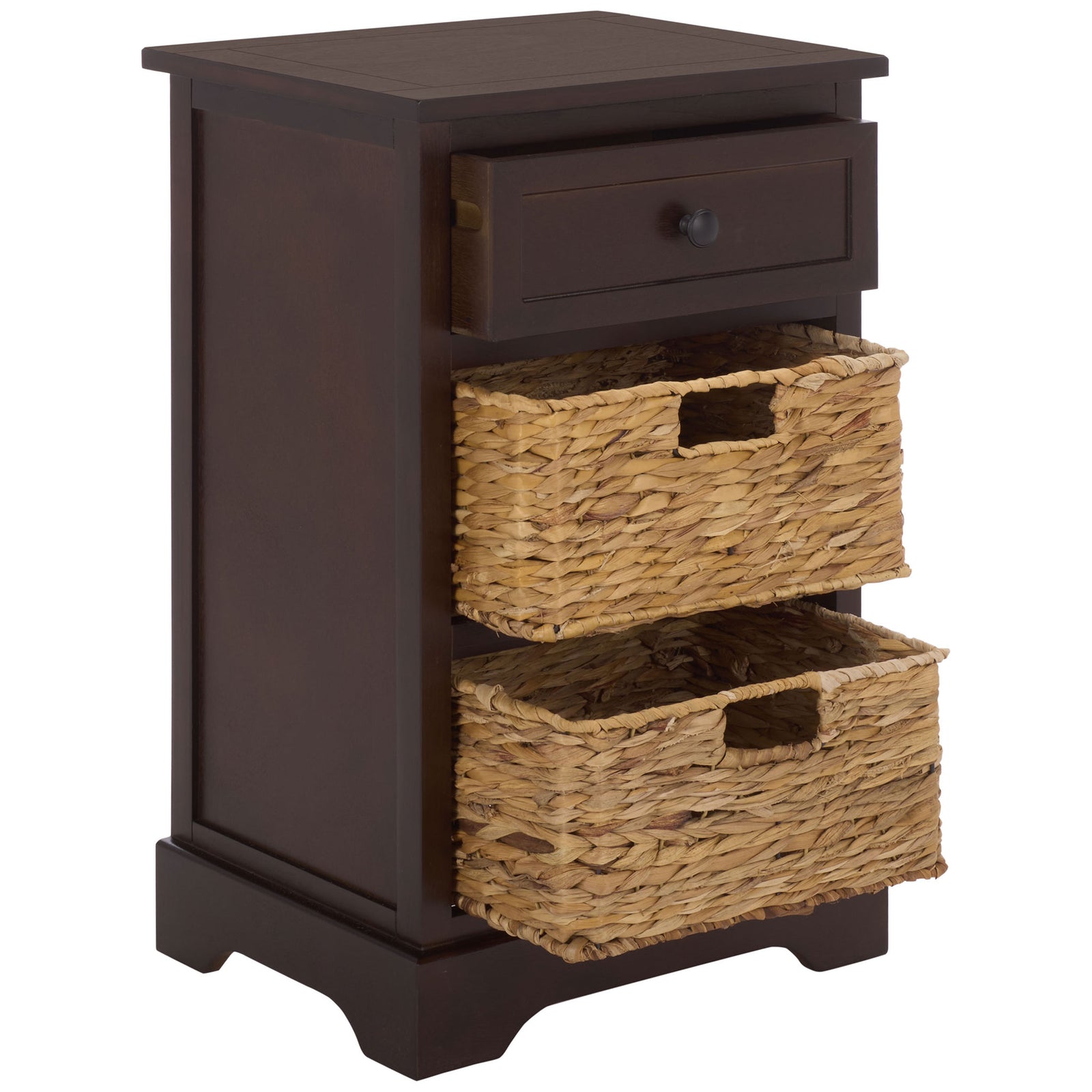 An open dark brown drawer and pull-out baskets put three storage spaces within easy reach. || AMH5700H || front_angle_open_studio