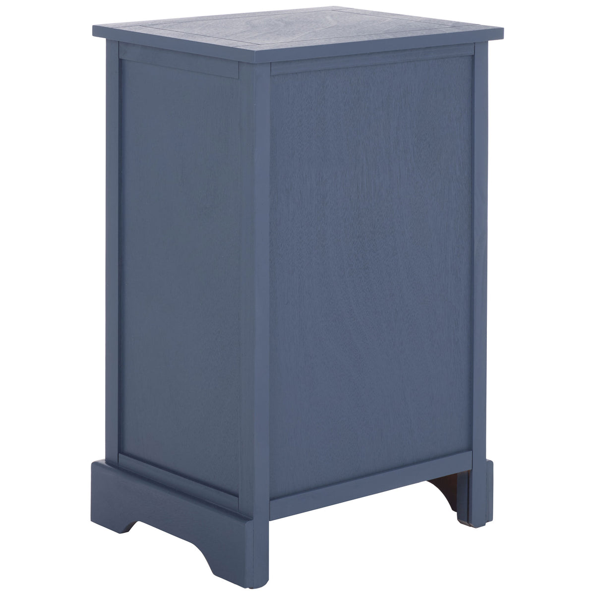 Paneled woodwork and sculpted feet give this blue storage table classic appeal. || AMH5700K || back_angle_studio