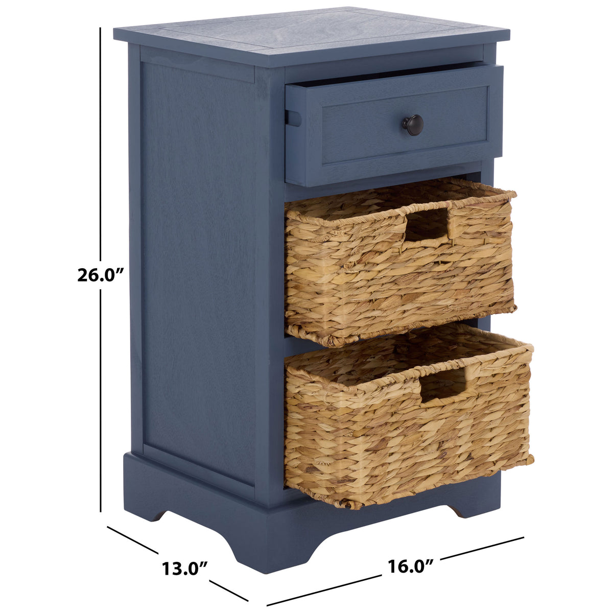 A compact blue side table measures 16 inches wide, 13 inches deep, and 26 inches high. || AMH5700K || dimension_studio