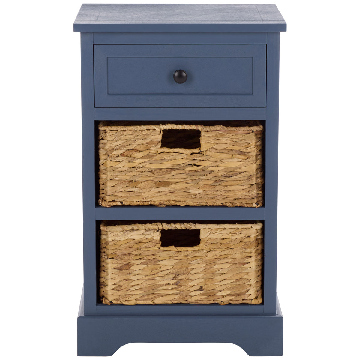 A blue side table combines a paneled drawer, two woven baskets, and a graceful cutout base. || AMH5700K || front_studio