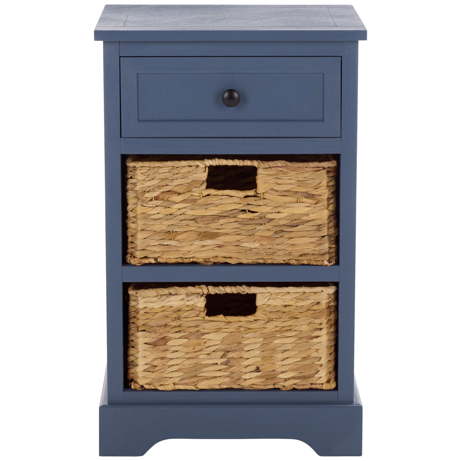 A blue side table combines a paneled drawer, two woven baskets, and a graceful cutout base. || AMH5700K || front_studio