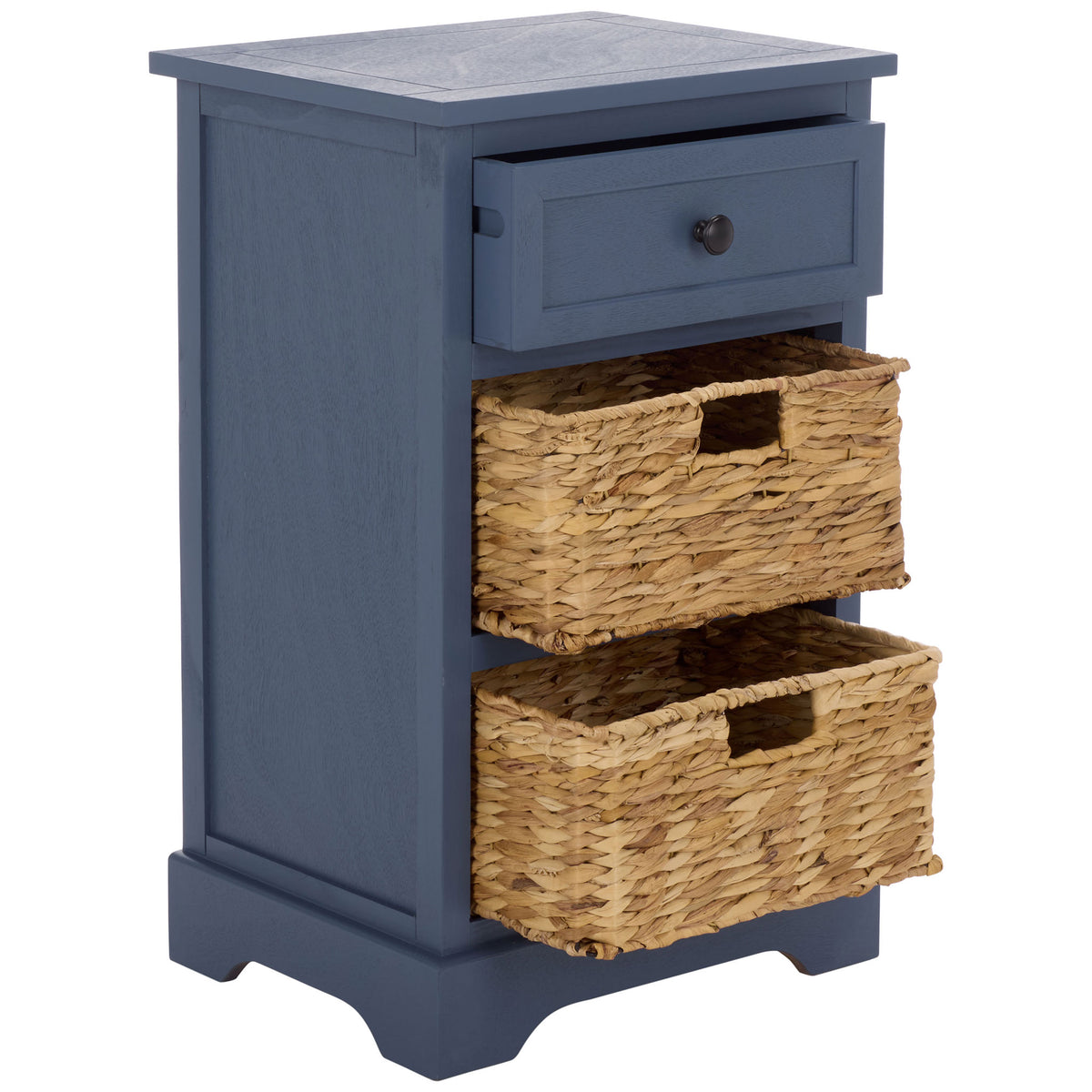 An open drawer and pull-out woven baskets reveal easy-access storage in a blue side table.