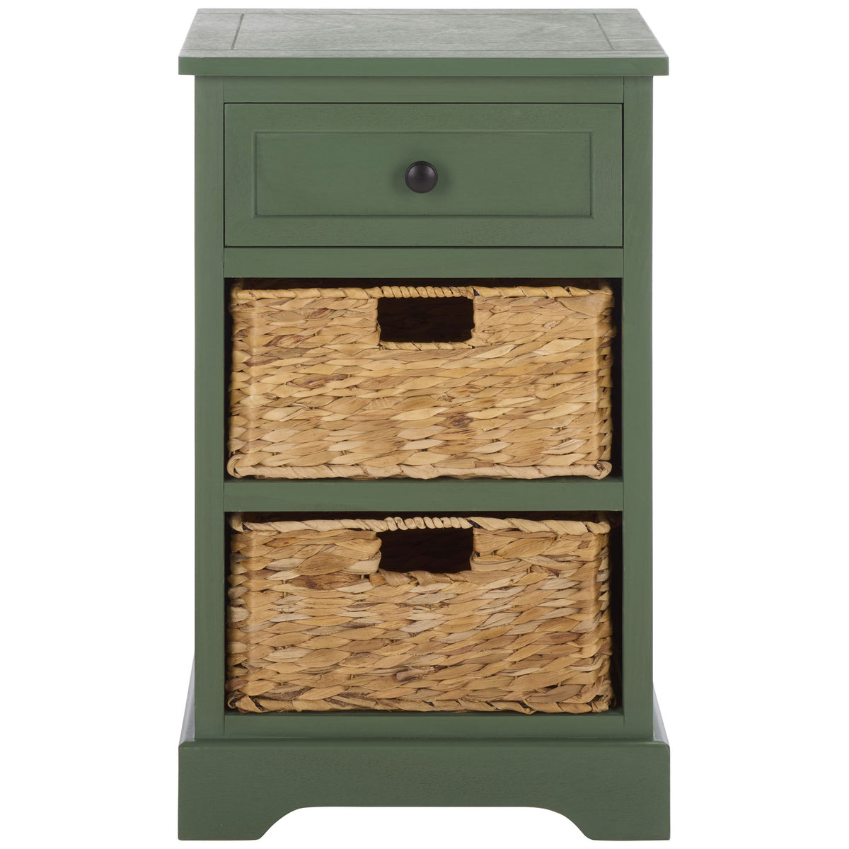 A dusty green side table pairs a compact drawer with two natural woven baskets and a shaped base. || AMH5700L || front_studio
