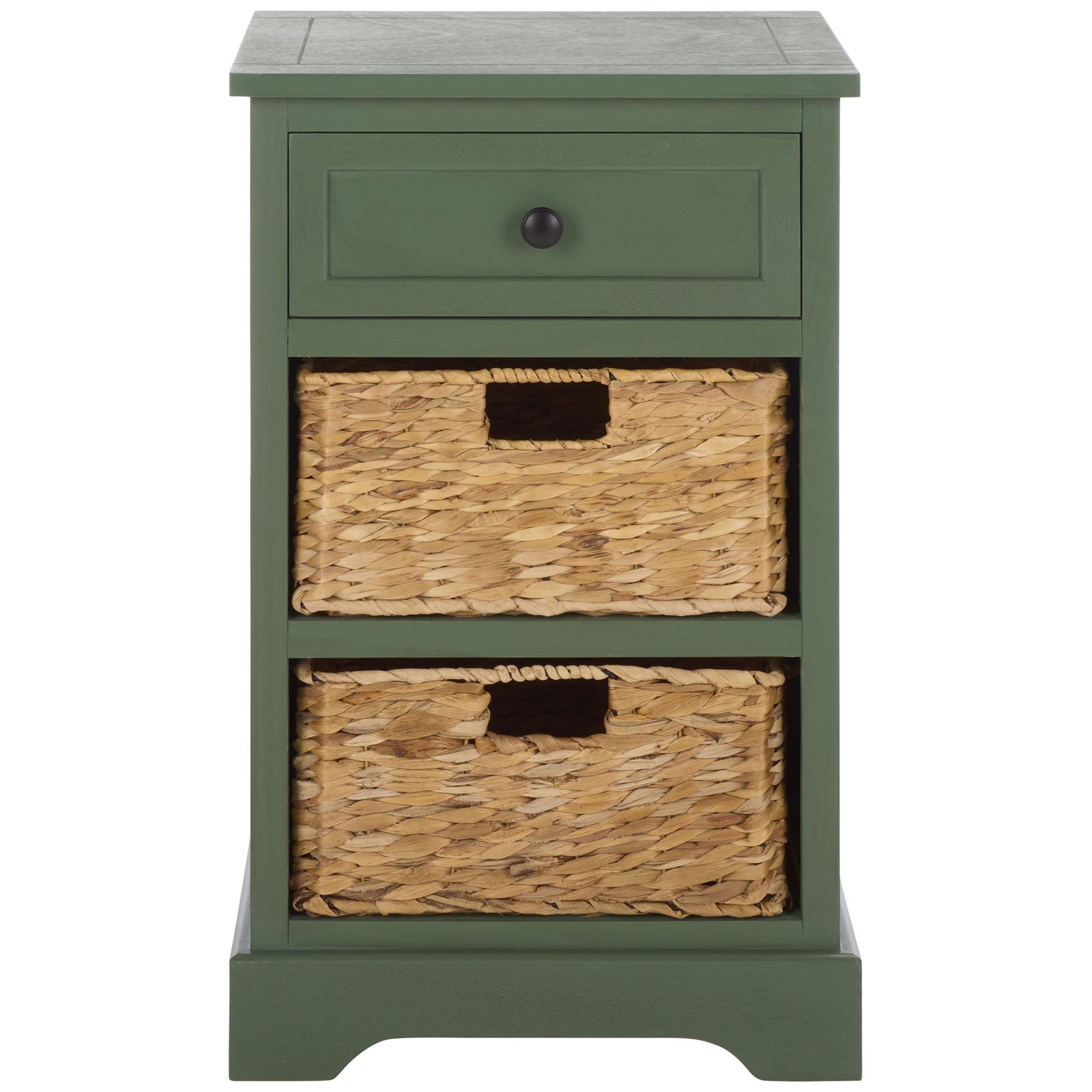 A dusty green side table pairs a compact drawer with two natural woven baskets and a shaped base. || AMH5700L || front_studio