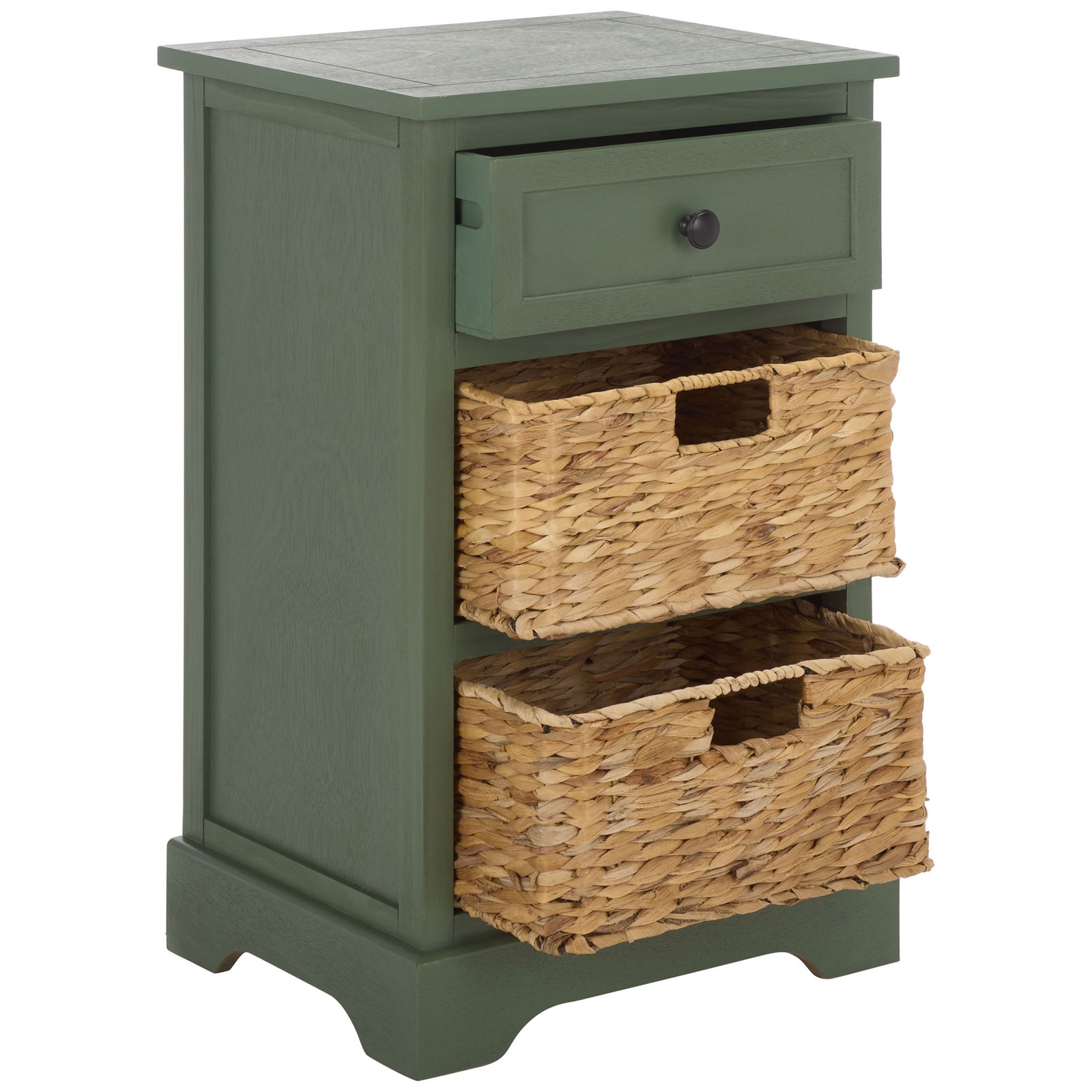 An open green drawer and two pull-out woven baskets keep household items easy to reach. || AMH5700L || front_angle_open_studio