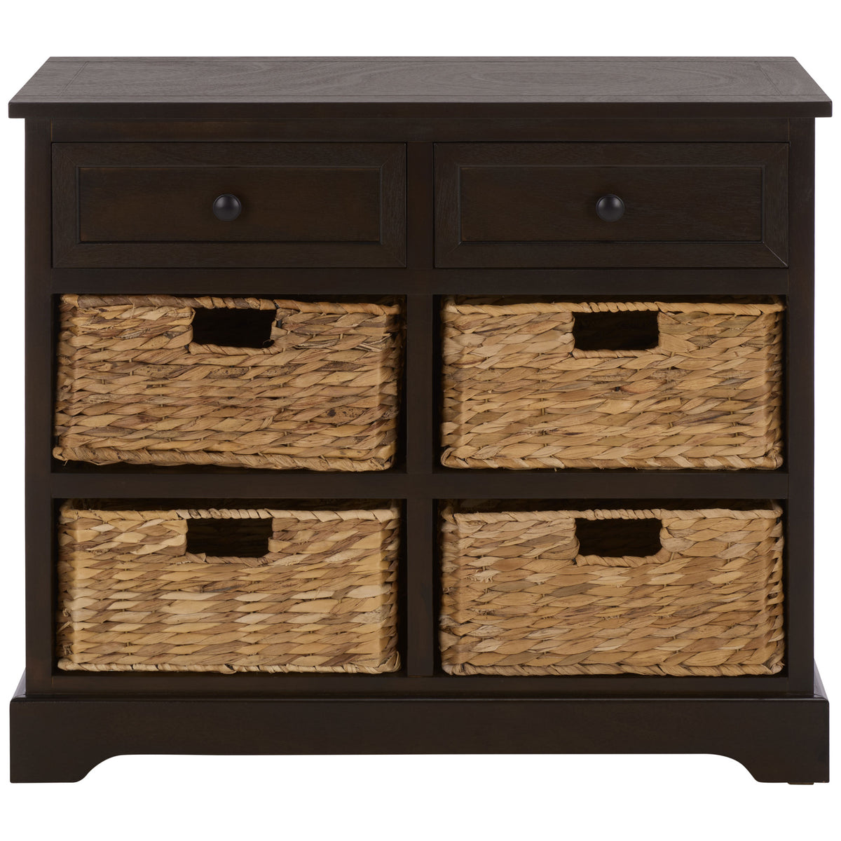 Two dark chocolate brown drawers sit above four removable woven baskets. || AMH5702H || front_studio