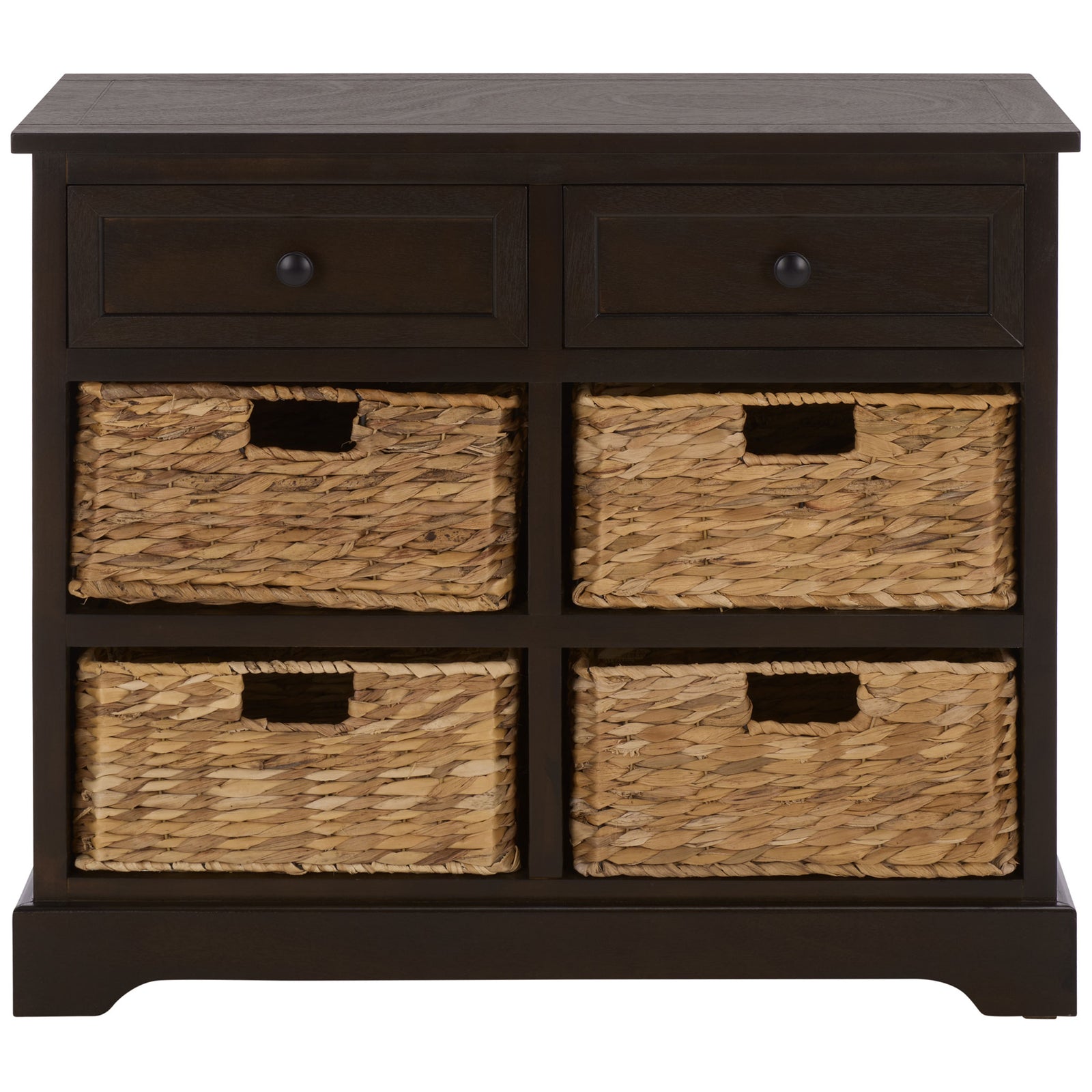 Two dark chocolate brown drawers sit above four removable woven baskets. || AMH5702H || front_studio