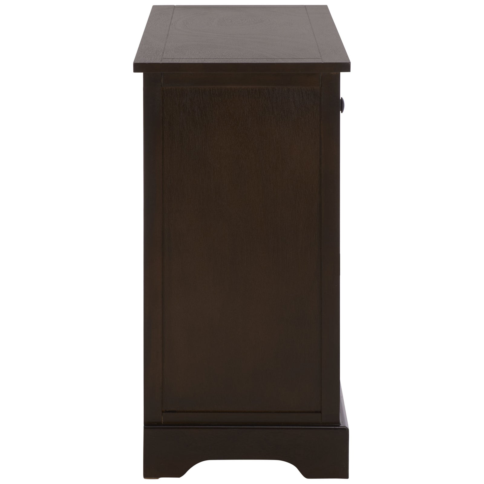 A recessed dark brown side panel rises above the curved cabinet base. || AMH5702H || side_studio