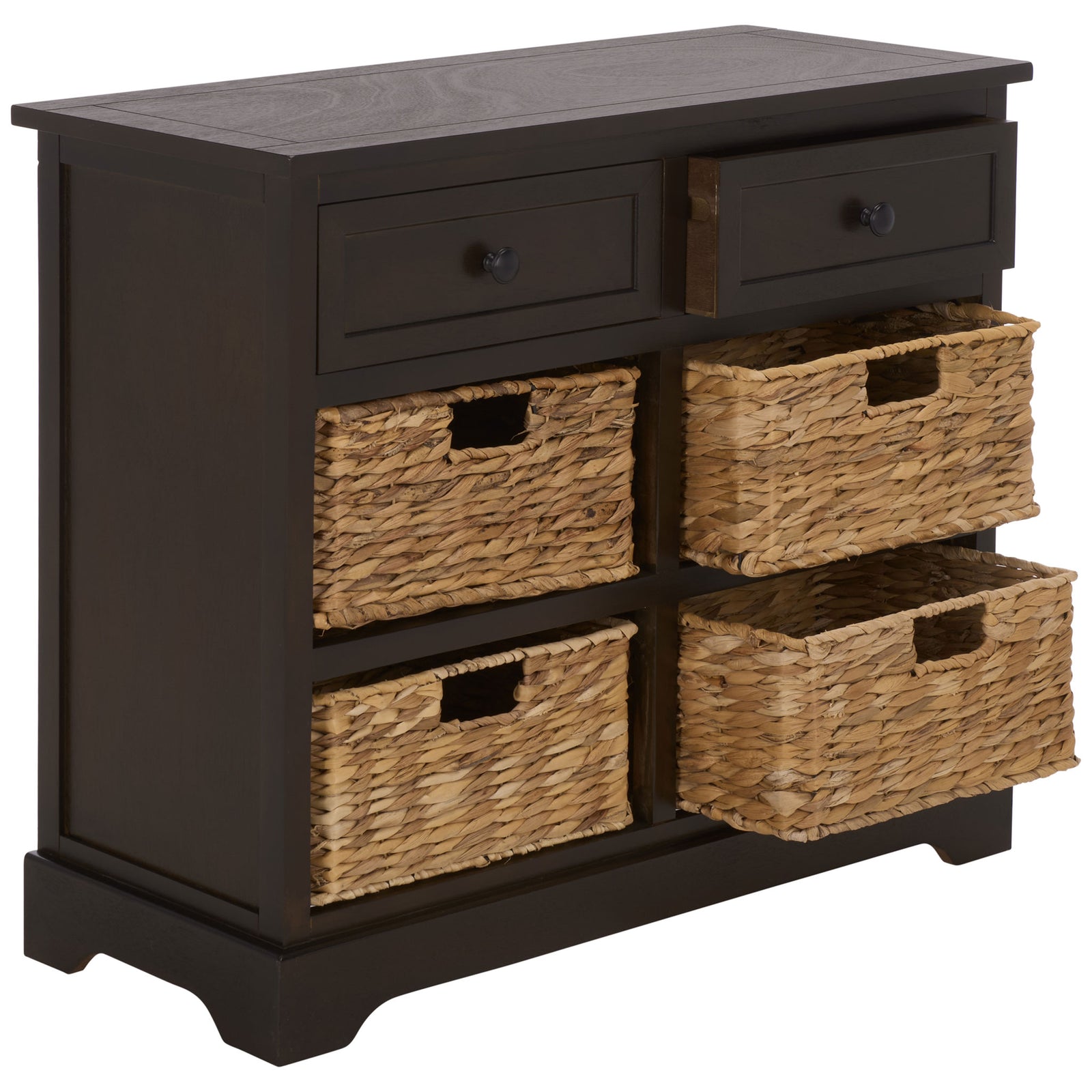 Two dark chocolate brown drawers sit above four removable woven baskets. || AMH5702H || front_studio