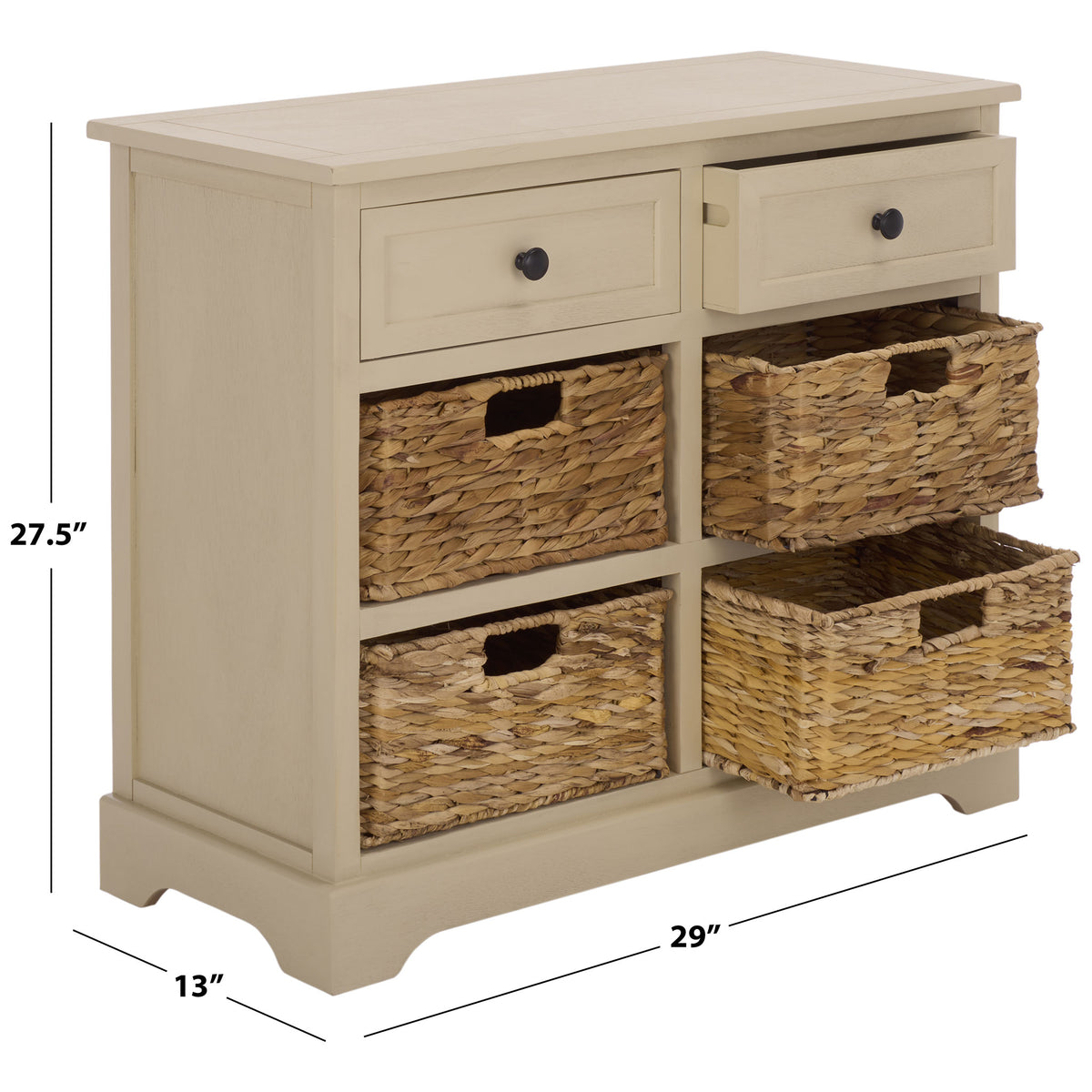 A sand-colored cabinet measures 29 inches wide, 13 inches deep, and 27.5 inches high.