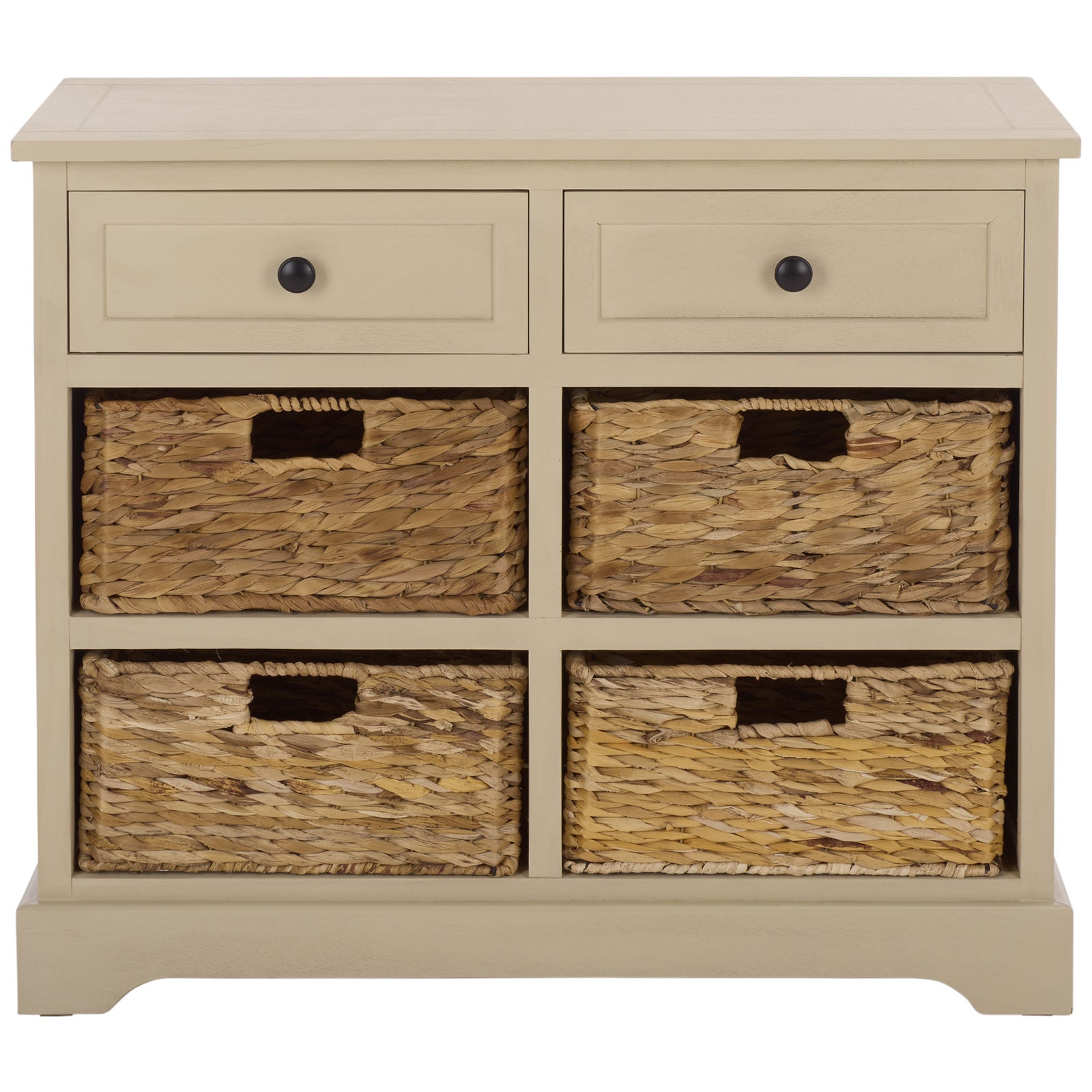 Two sand-colored drawers and four natural woven baskets keep essentials sorted. || AMH5702J || front_studio