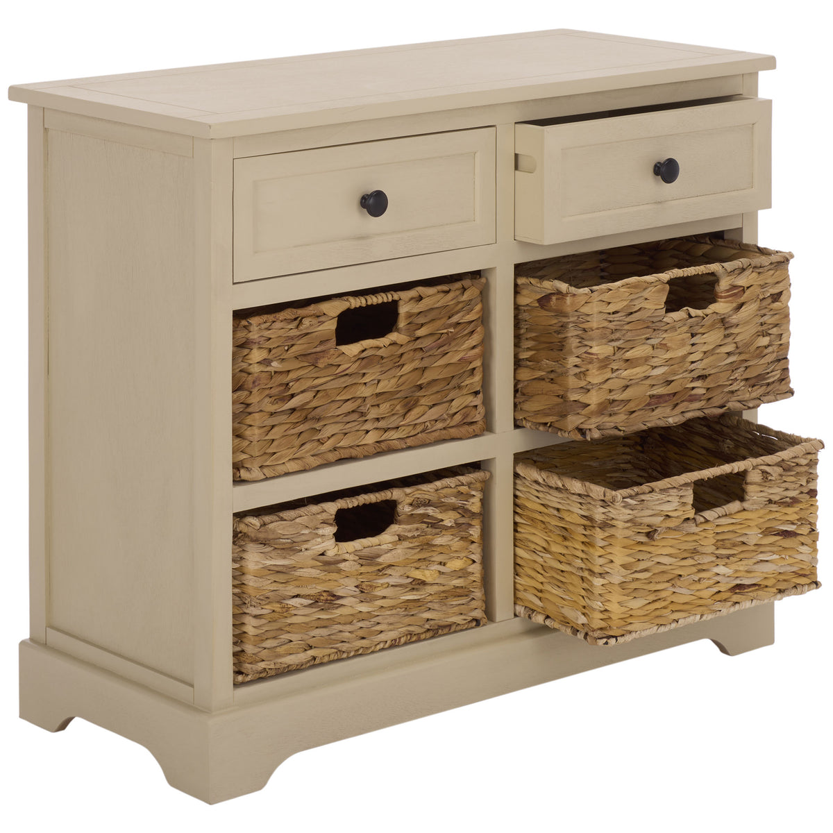 Sand-colored drawers and woven baskets pull out to make stored items easy to reach. || AMH5702J || front_angle_open_studio