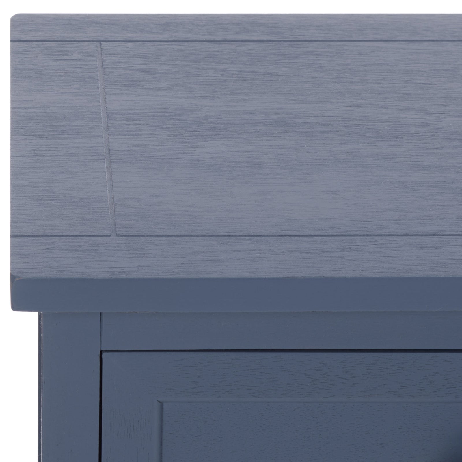 A subtly paneled tabletop and blue painted wood grain add understated texture. || AMH5702K || detail_studio