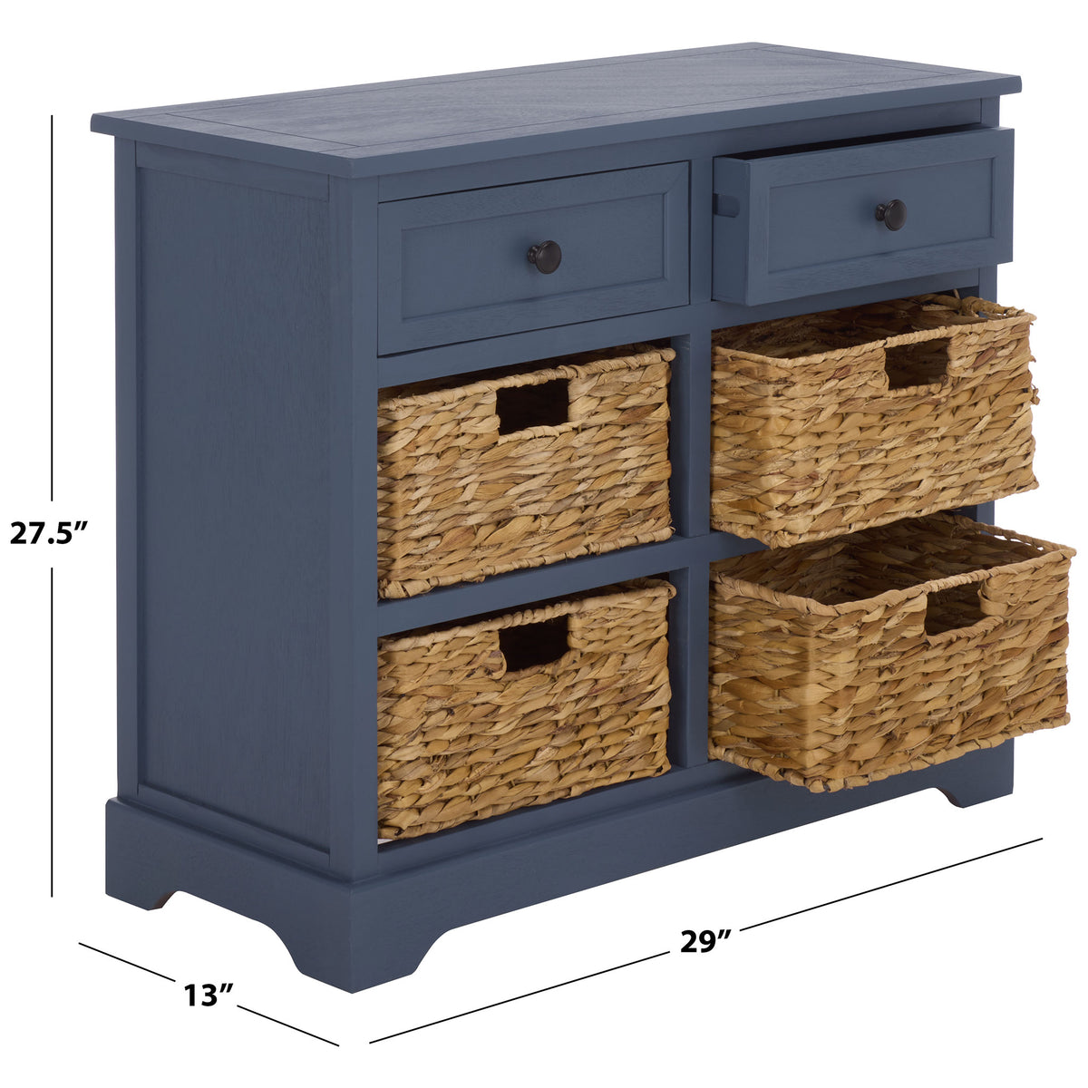 A blue cabinet measures 29 inches wide, 13 inches deep, and 27.5 inches high, with four woven baskets. || AMH5702K || dimension_studio