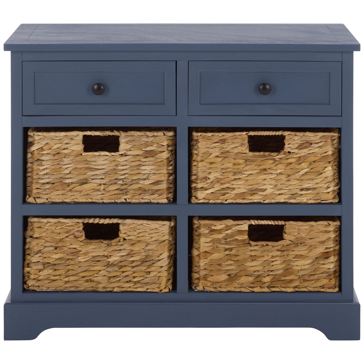 A blue storage cabinet pairs two knob-front drawers with four removable woven baskets. || AMH5702K || front_studio