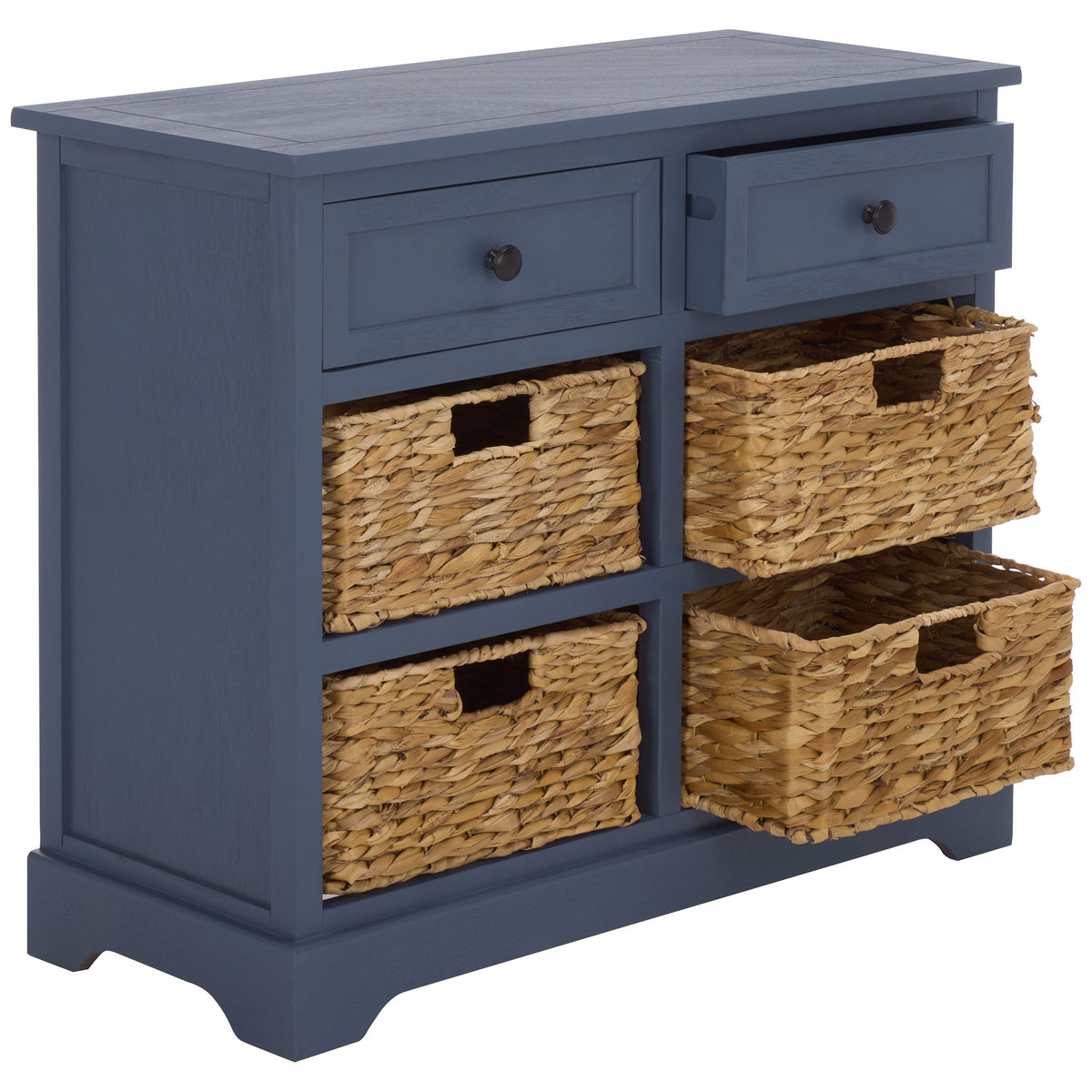 Blue drawers and woven baskets slide out to make everyday storage easy to reach. || AMH5702K || front_angle_open_studio
