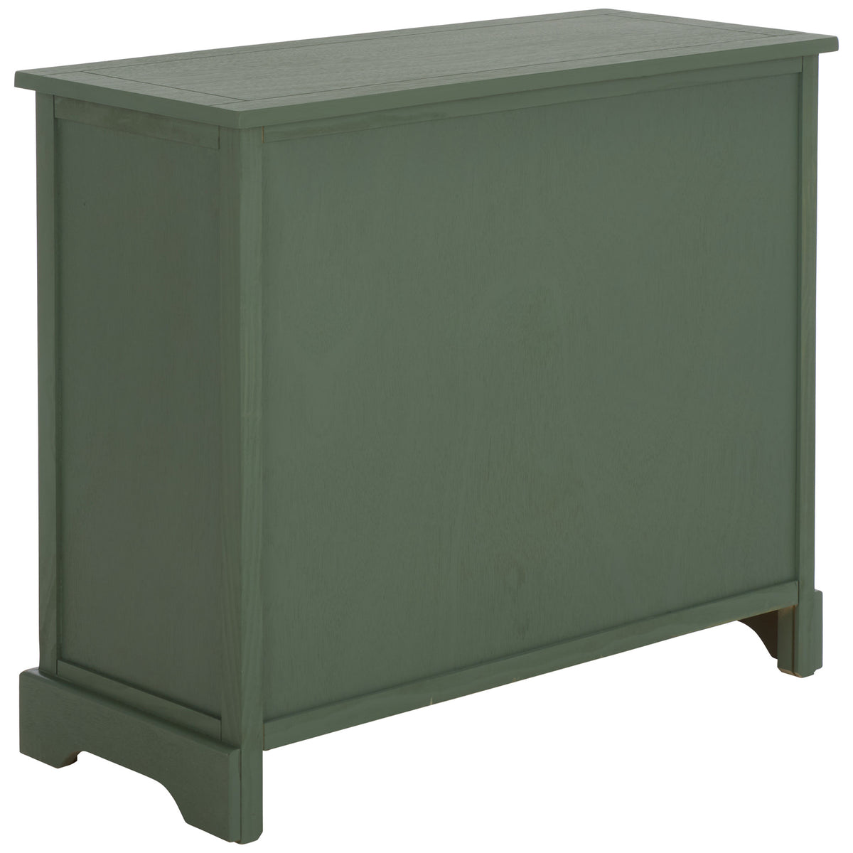 Soft dusty green coats the cabinet's back, side, and overhanging tabletop. || AMH5702L || back_angle_studio