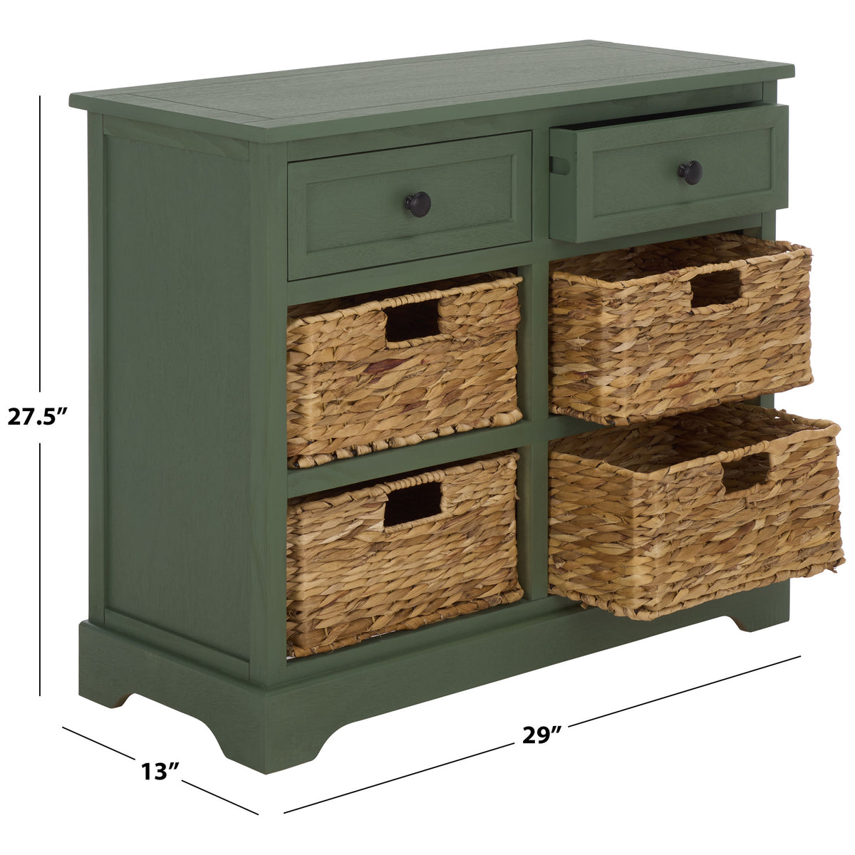 A dusty green cabinet measures 29 inches wide, 13 inches deep, and 27.5 inches high. || AMH5702L || dimension_studio