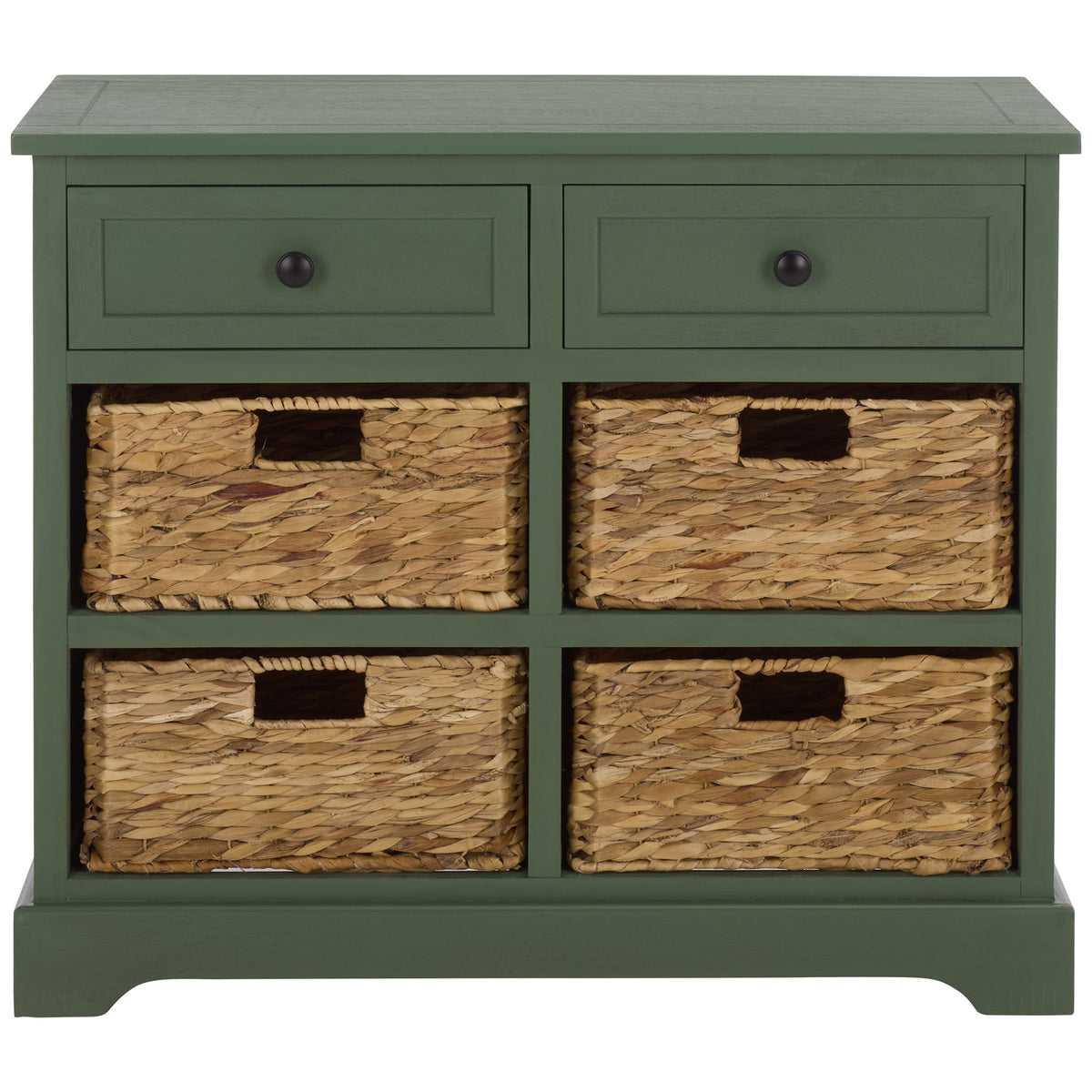 Dusty green framing holds two compact drawers and four natural woven baskets. || AMH5702L || front_studio
