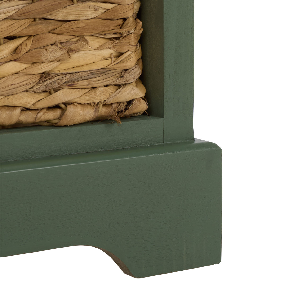 A sculpted dusty green foot gives the basket cabinet a grounded finishing touch. || AMH5702L || leg_studio