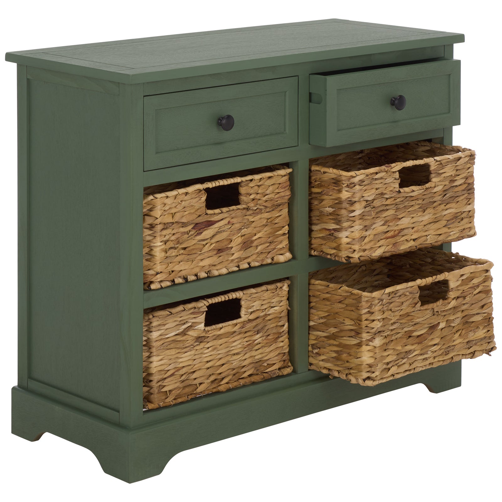 Dusty green framing holds two compact drawers and four natural woven baskets. || AMH5702L || front_studio