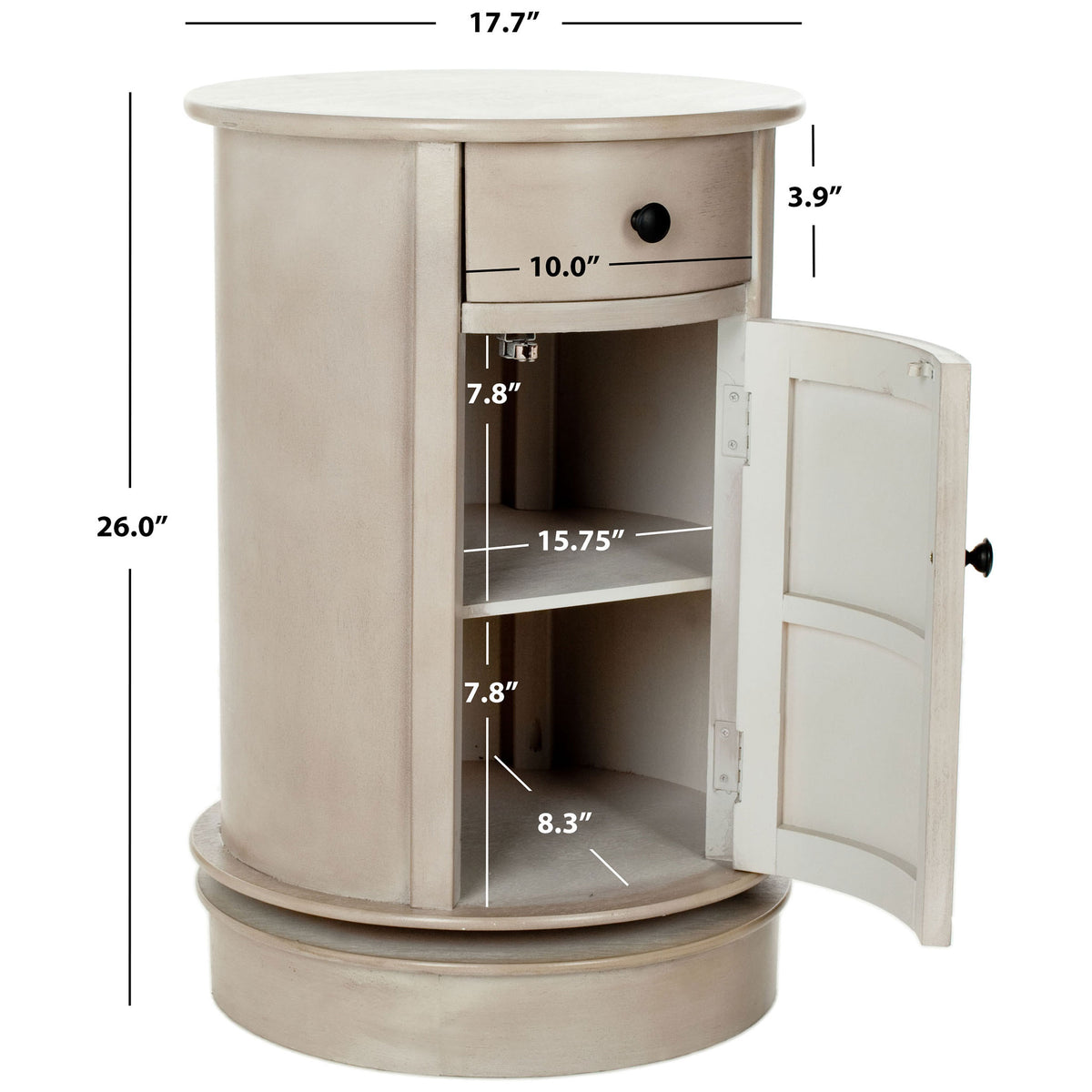 Vintage gray round table stands 26 inches high with a 17.7-inch top and two cabinet shelves || AMH5712A || dimension_studio