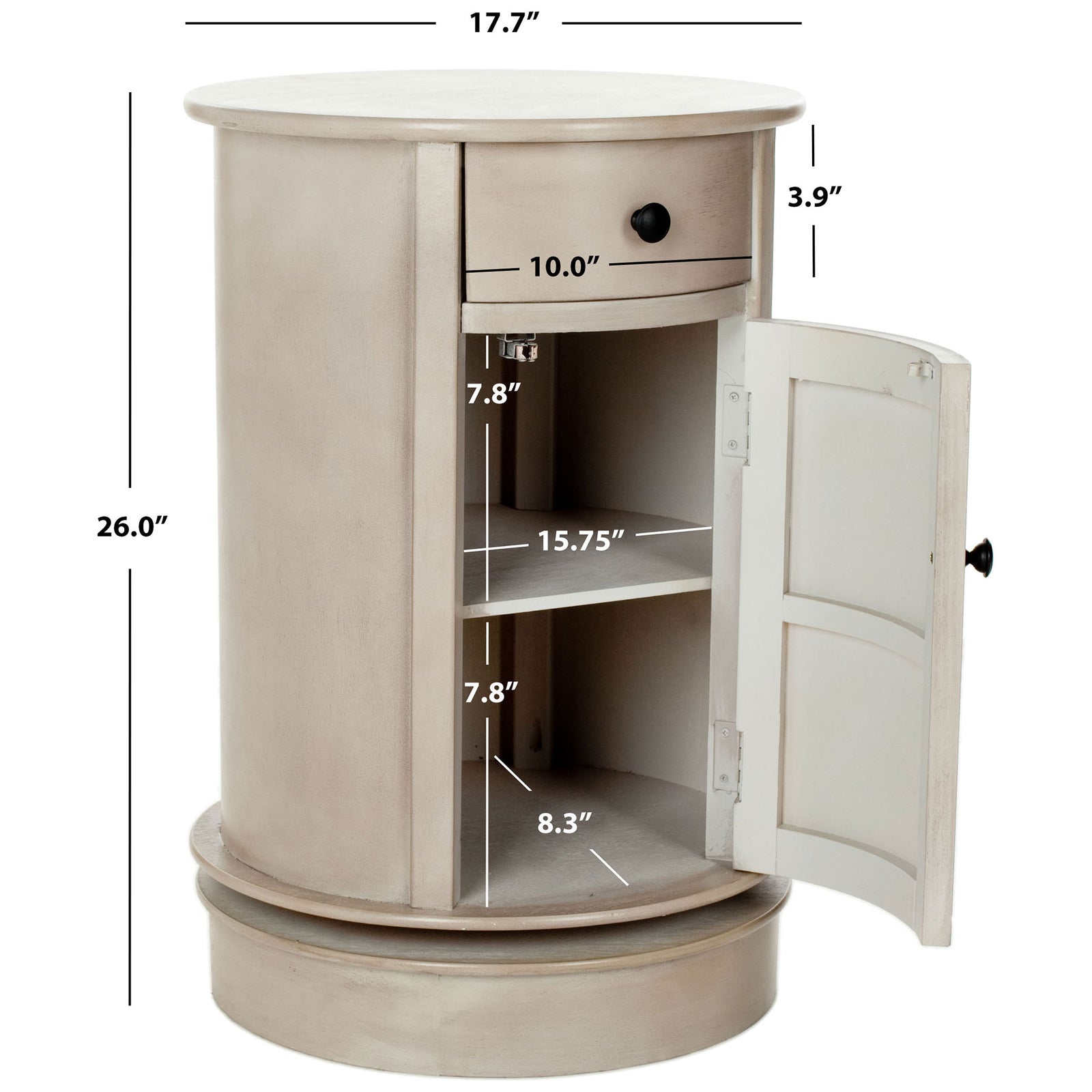 Vintage gray round table stands 26 inches high with a 17.7-inch top and two cabinet shelves || AMH5712A || dimension_studio