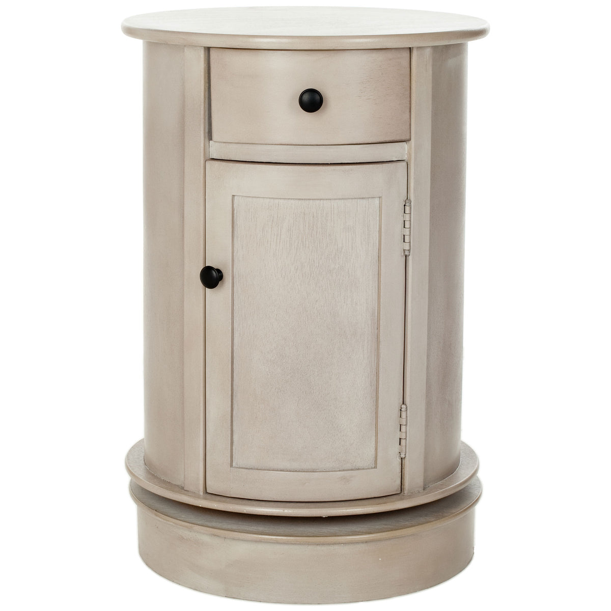 Vintage gray round table features a drawer, paneled cabinet door and wide pedestal base || AMH5712A || front_studio