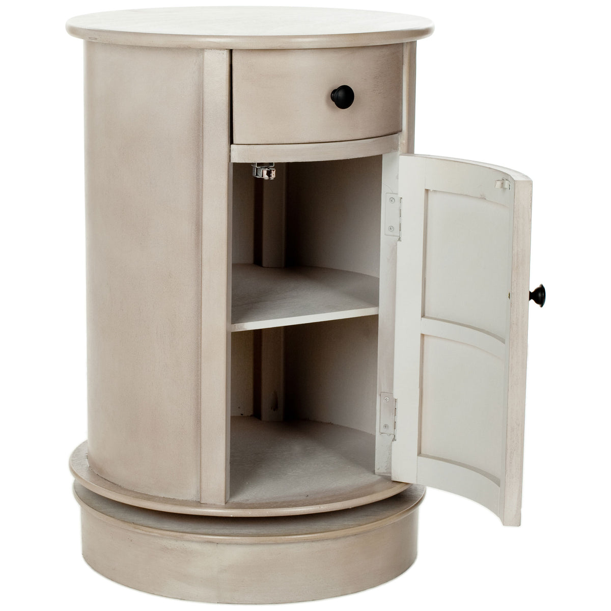 An open cabinet door reveals two shelves inside a vintage gray round table || AMH5712A || front_angle_open_studio