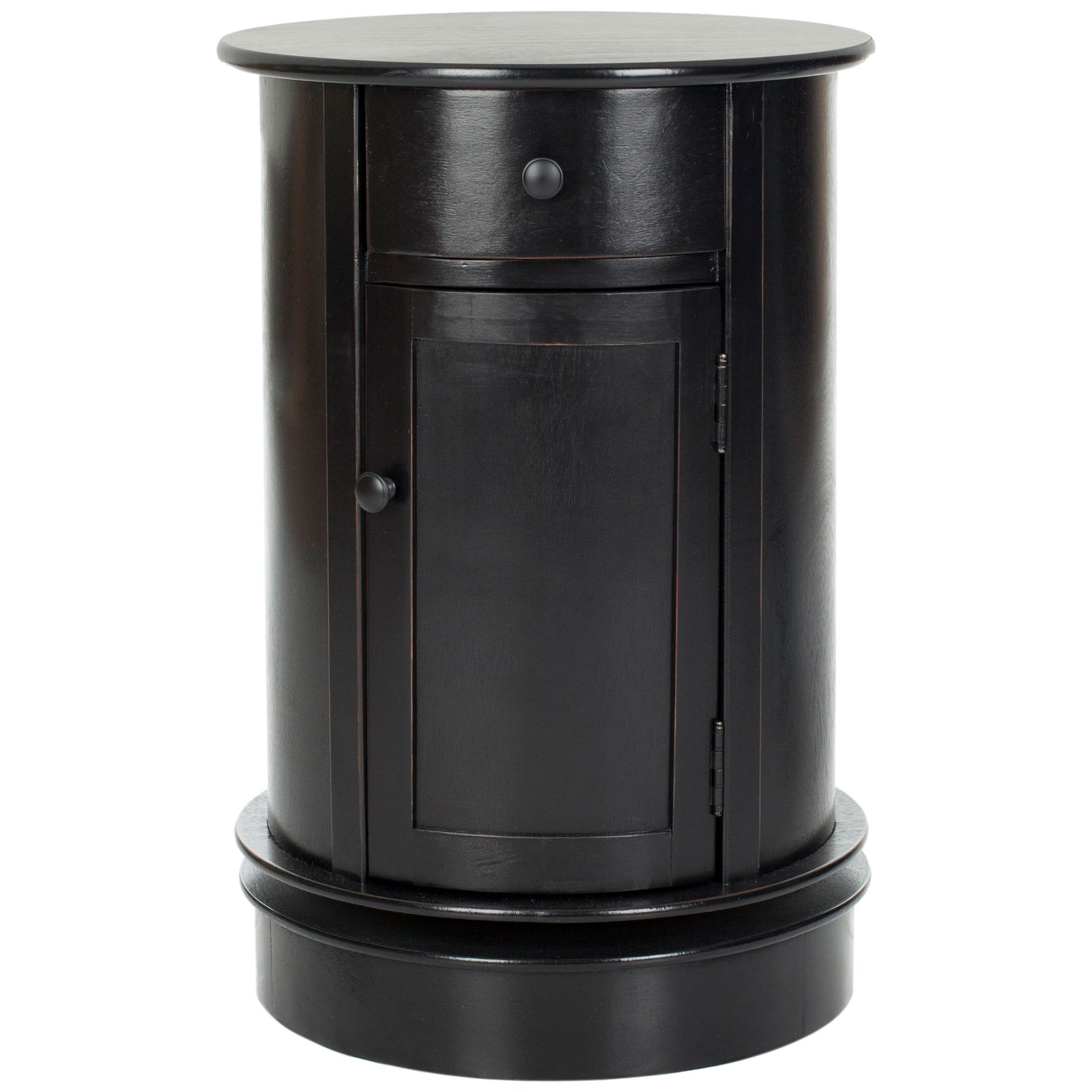 Distressed black round table combines a curved drawer with a paneled cabinet door || AMH5712B || front_studio